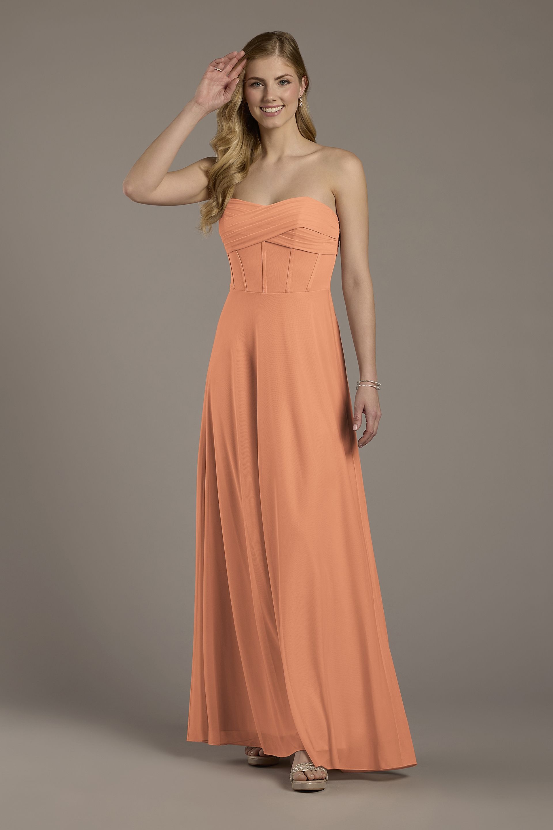 Celebrate DB Studio Mesh Twist Bodice Corset A-Line Dress in Terracotta Size: 18 David's Bridal