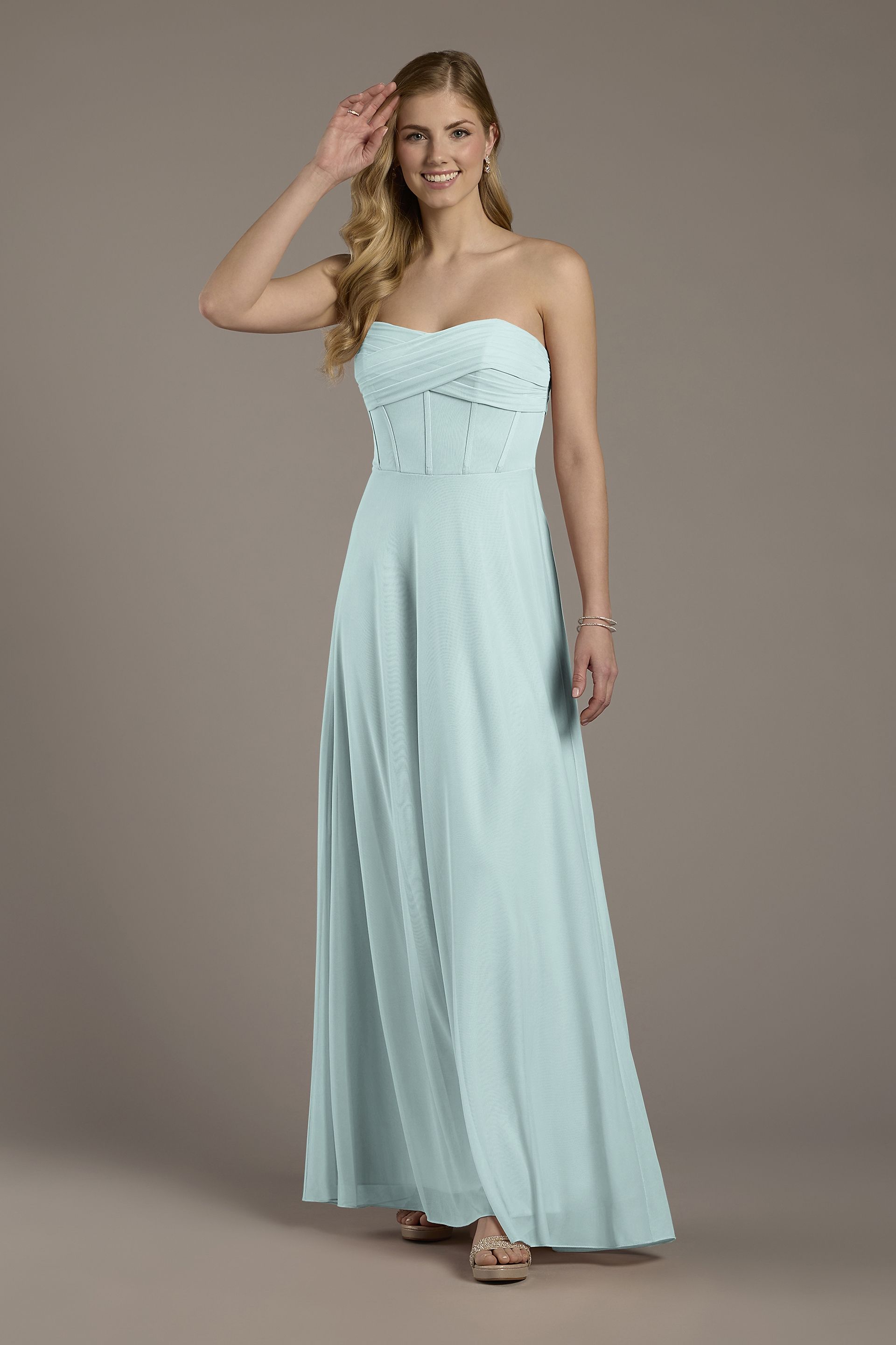 Celebrate DB Studio Mesh Twist Bodice Corset A-Line Dress in Sky Blue Size: 10 David's Bridal