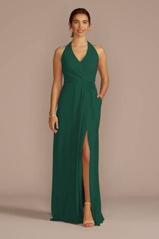 View Celebrate DB Studio Chiffon Halter Faux Wrap A-Line Dress in all available color and sizes Picture of Chiffon Halter Faux Wrap A-Line Dress
