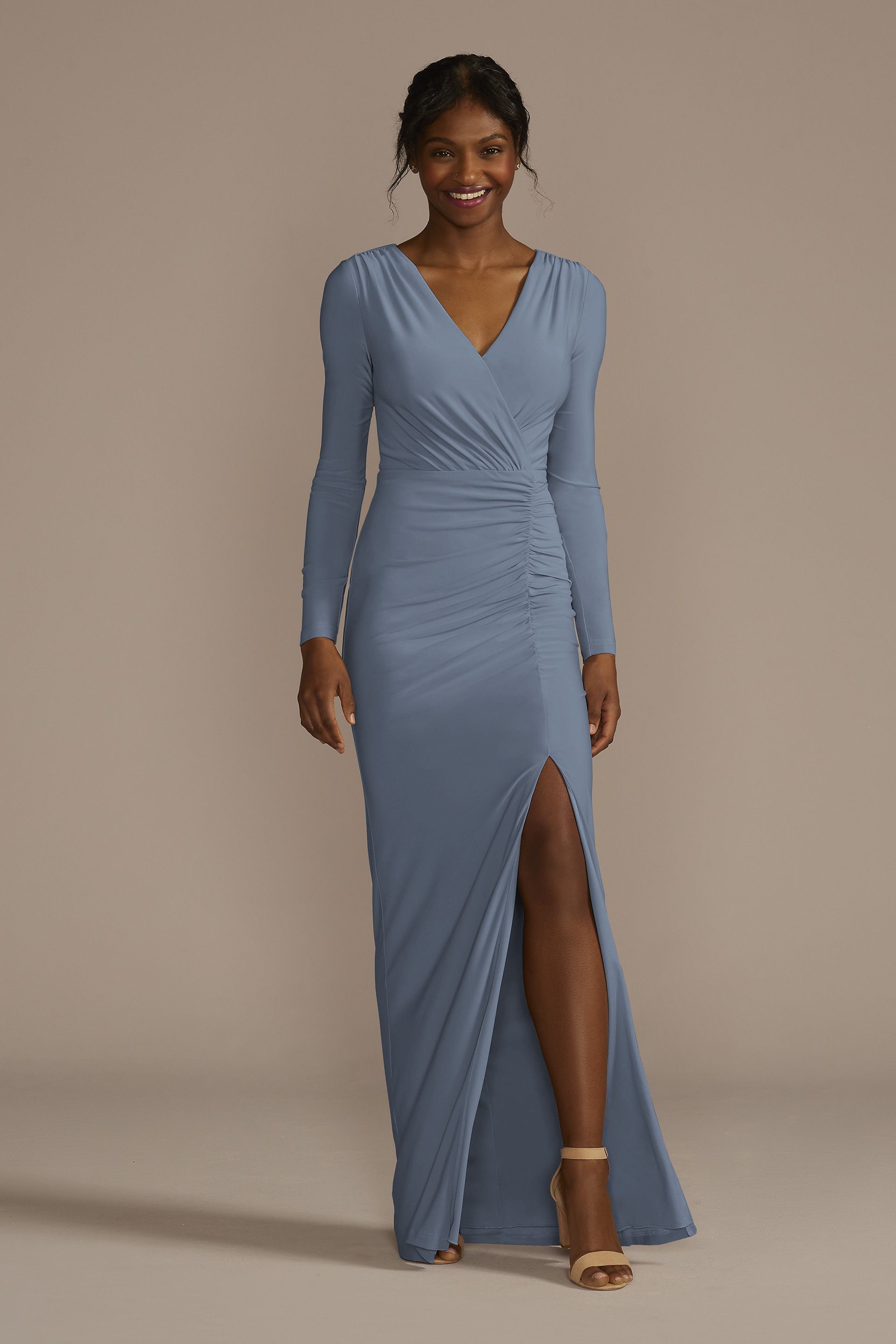Celebrate DB Studio Long Sleeve Ruched Jersey Sheath Dress in Steel Blue Size: 22 David's Bridal