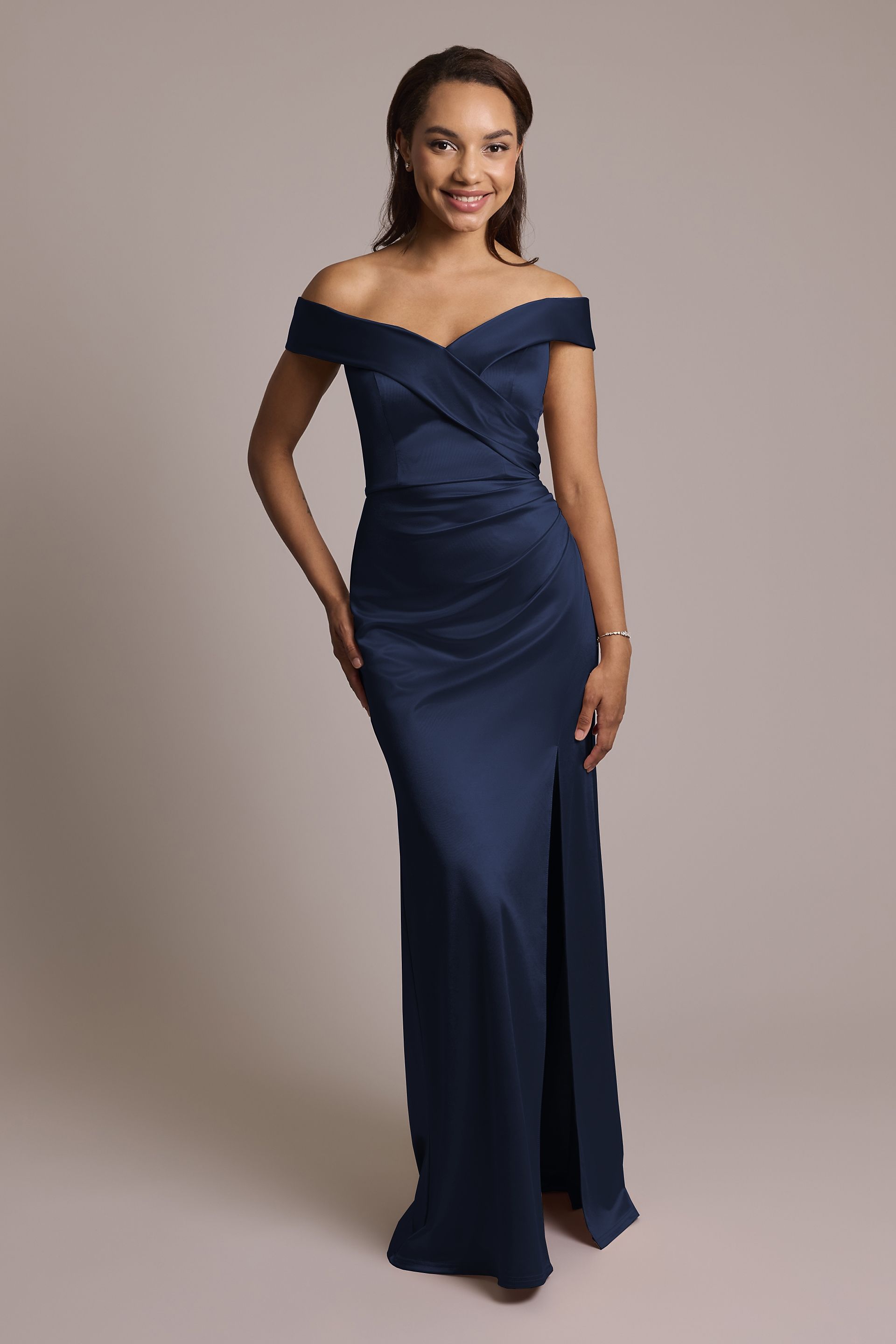 View Celebrate DB Studio Sculpting Satin Cross-Front Dress in all available color and sizes Picture of Sculpting Satin Cross-Front Dress