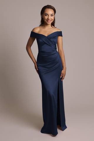 View Celebrate DB Studio Sculpting Satin Cross-Front Dress in all available color and sizes Picture of Sculpting Satin Cross-Front Dress