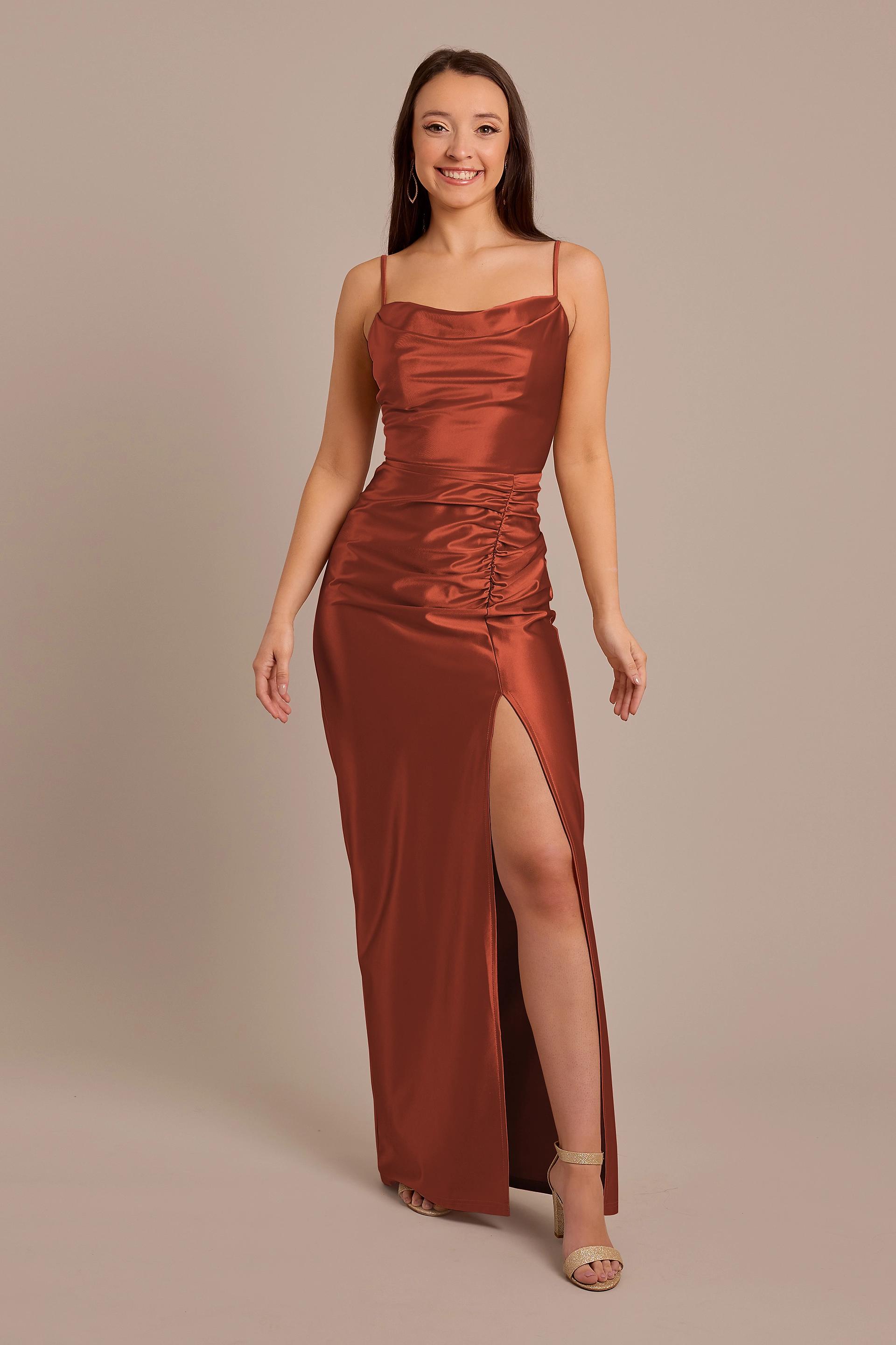 Celebrate DB Studio Sculpting Satin Cowl Neck Ruched Dress in Cinnamon Size: 20 David's Bridal