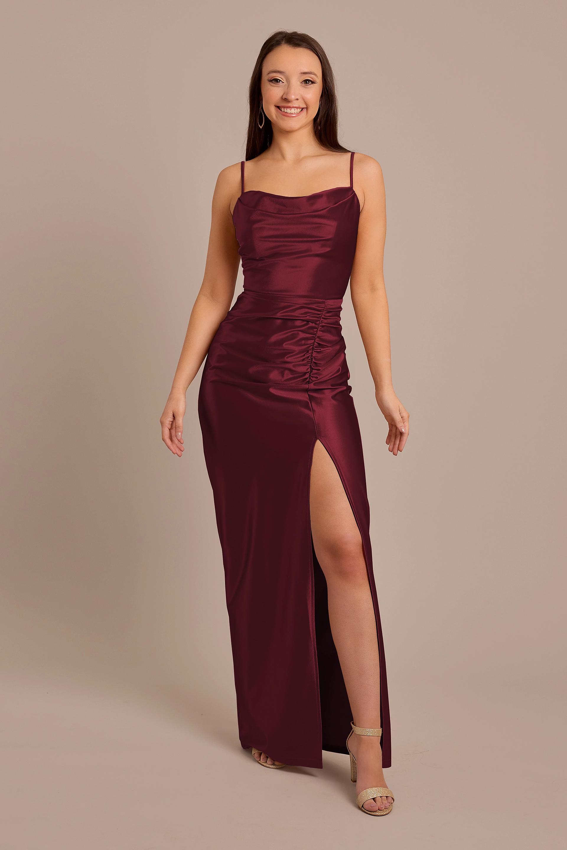 Celebrate DB Studio Sculpting Satin Cowl Neck Ruched Dress in Wine Size: 20 David's Bridal