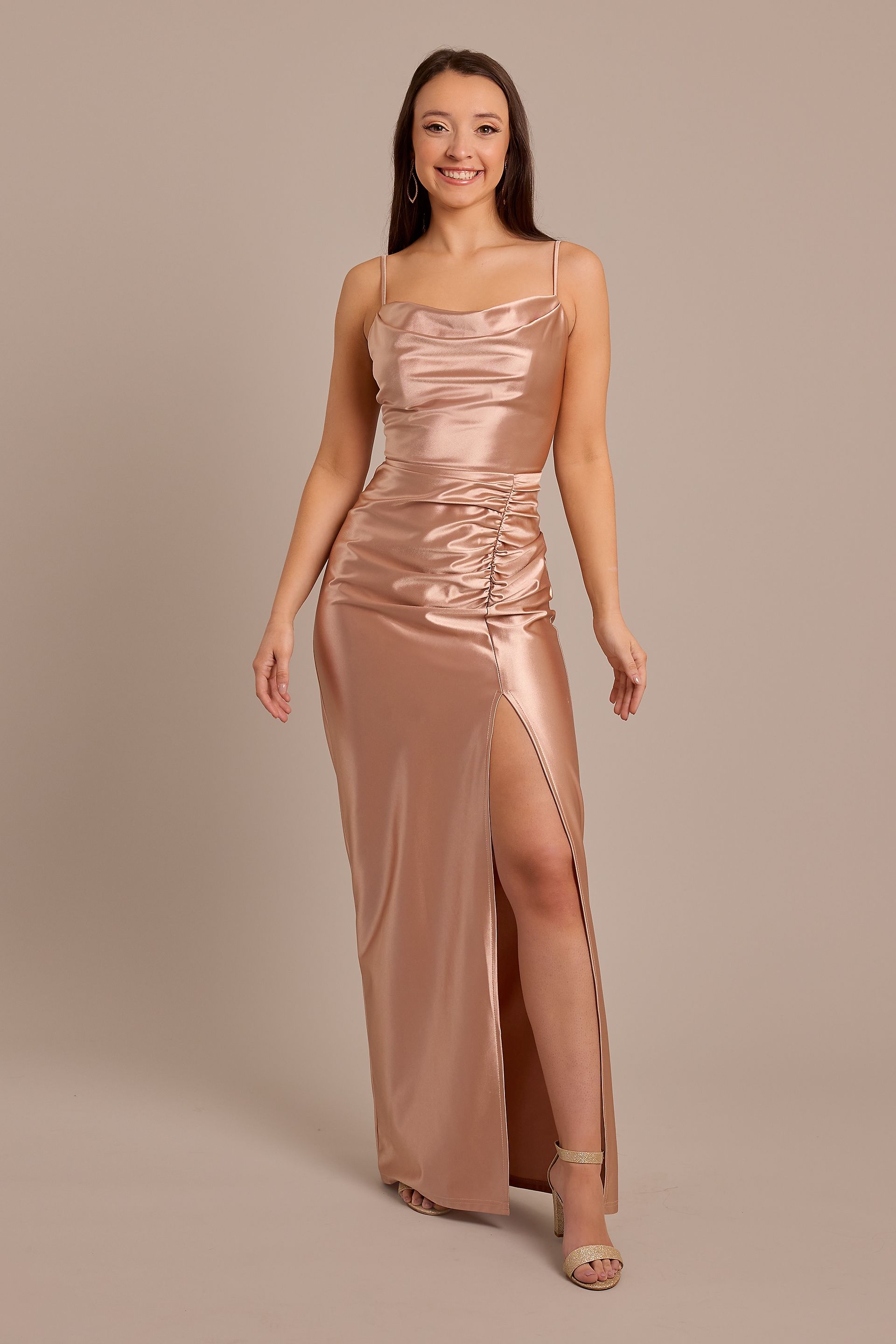Celebrate DB Studio Sculpting Satin Cowl Neck Ruched Dress in Sand Size: 24 David's Bridal