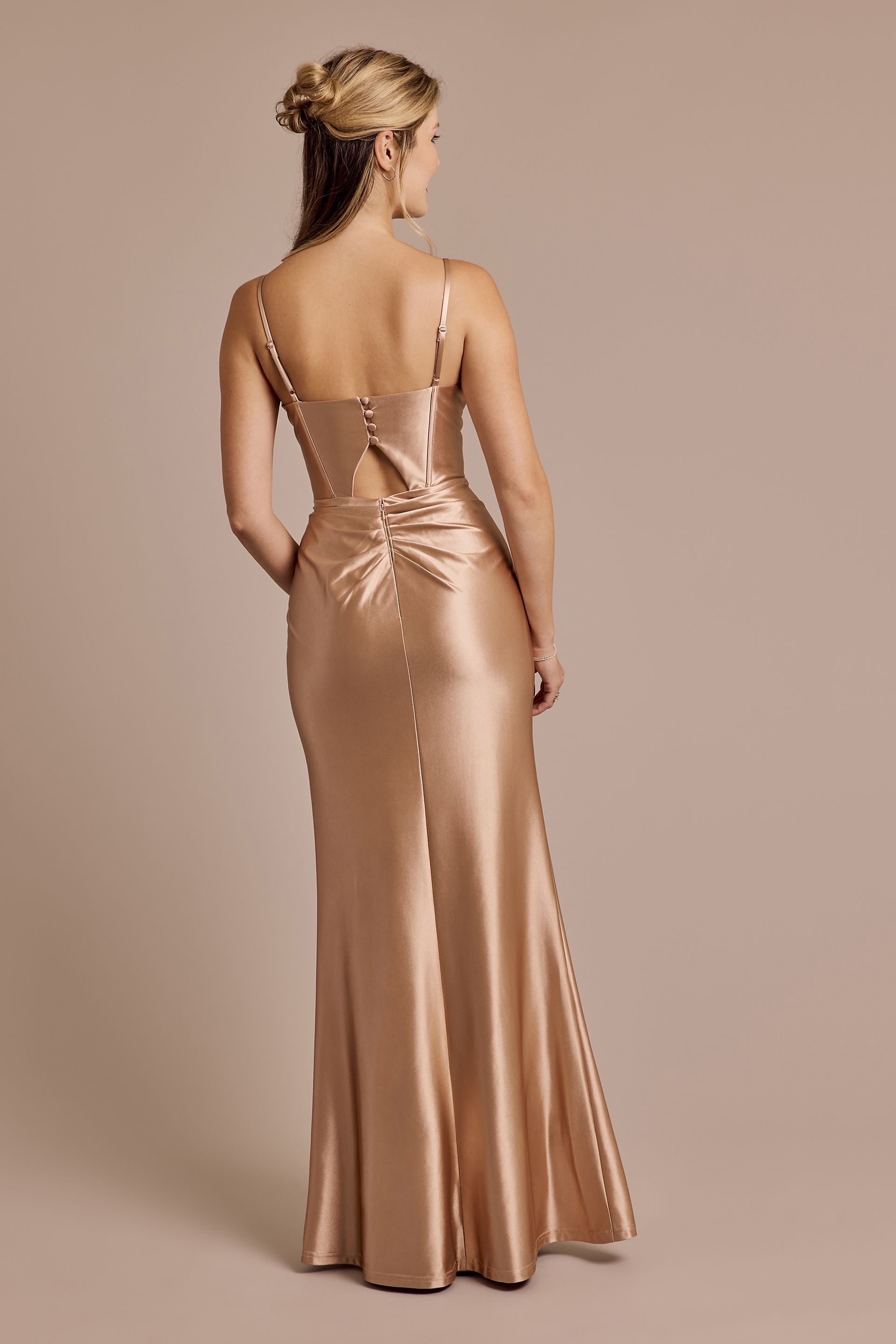 Square Neck Corset Sculpting Satin Dress | David's Bridal
