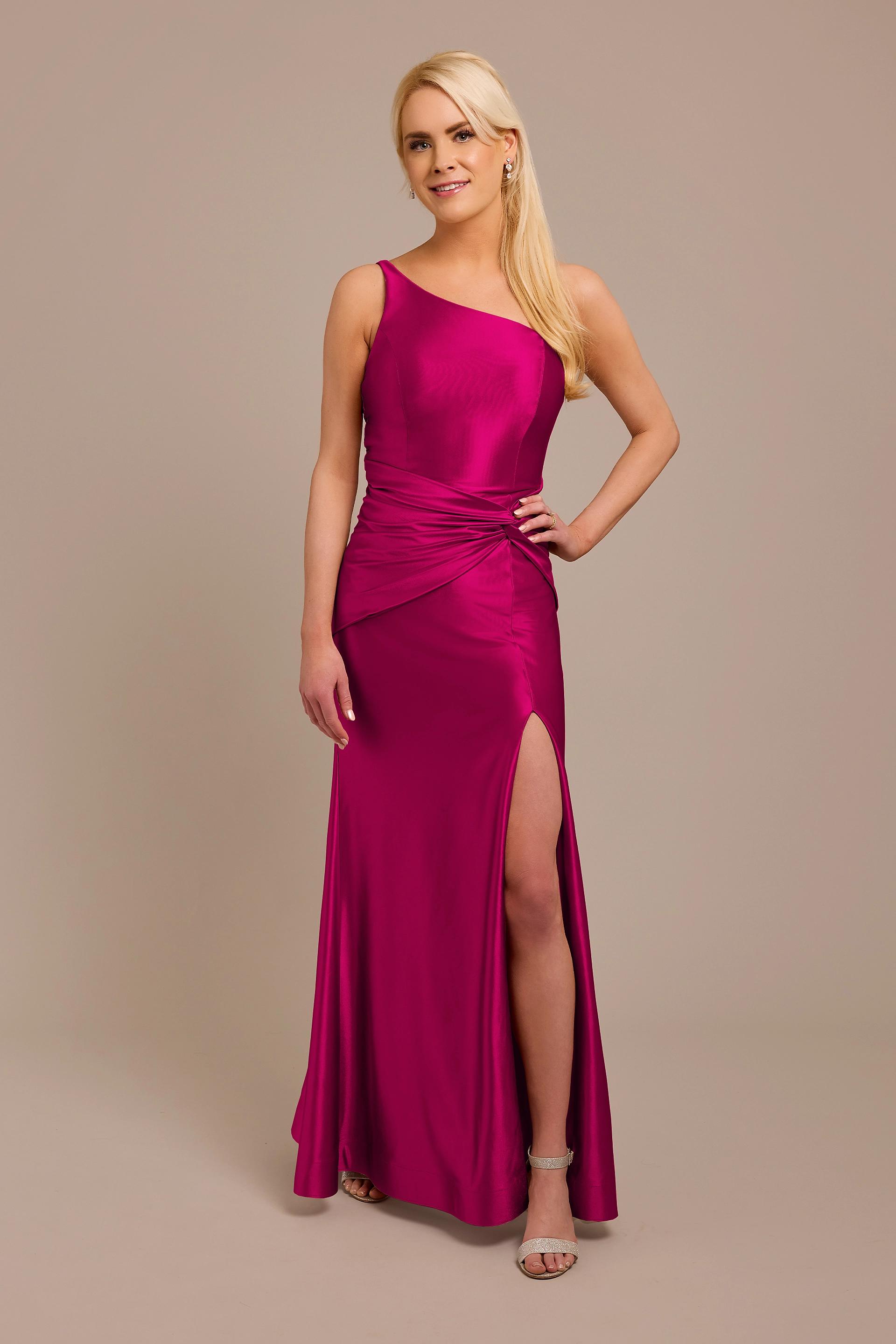 Galina Signature Sculpting Satin One-Shoulder Knot Dress in Berry Size: 16 David's Bridal