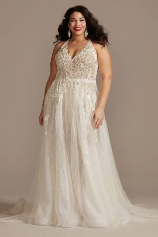 View Galina Signature Floral Applique Open Back Halter Wedding Dress in all available color and sizes Picture of Floral Applique Open Back Halter Wedding Dress