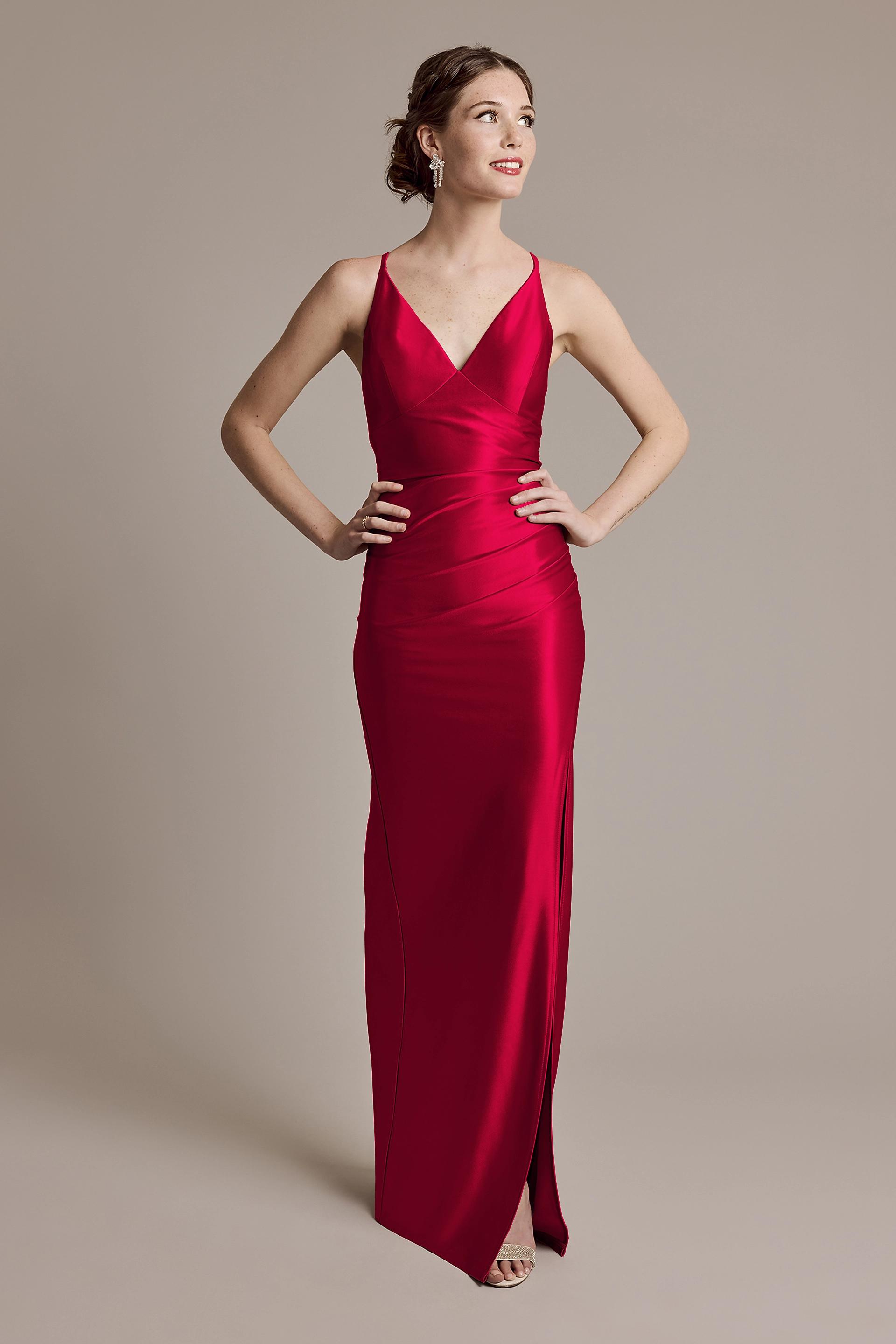 Celebrate DB Studio Sculpting Satin V-Neck Cross-Back Dress in Apple Size: 14 David's Bridal