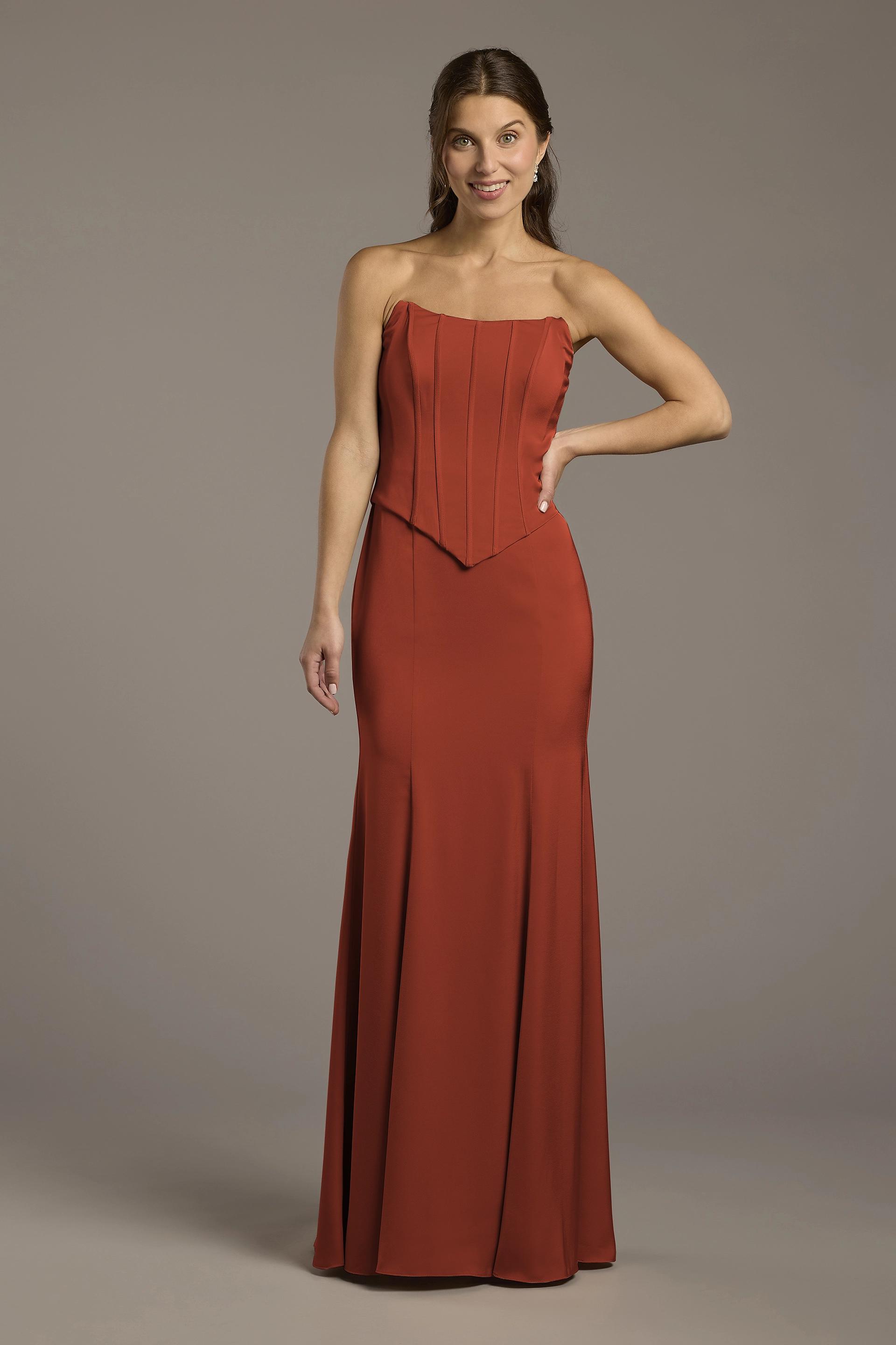 View Galina Signature Matte Satin Corset Bodice Faux Two-Piece Dress in all available color and sizes Picture of Matte Satin Corset Bodice Faux Two-Piece Dress