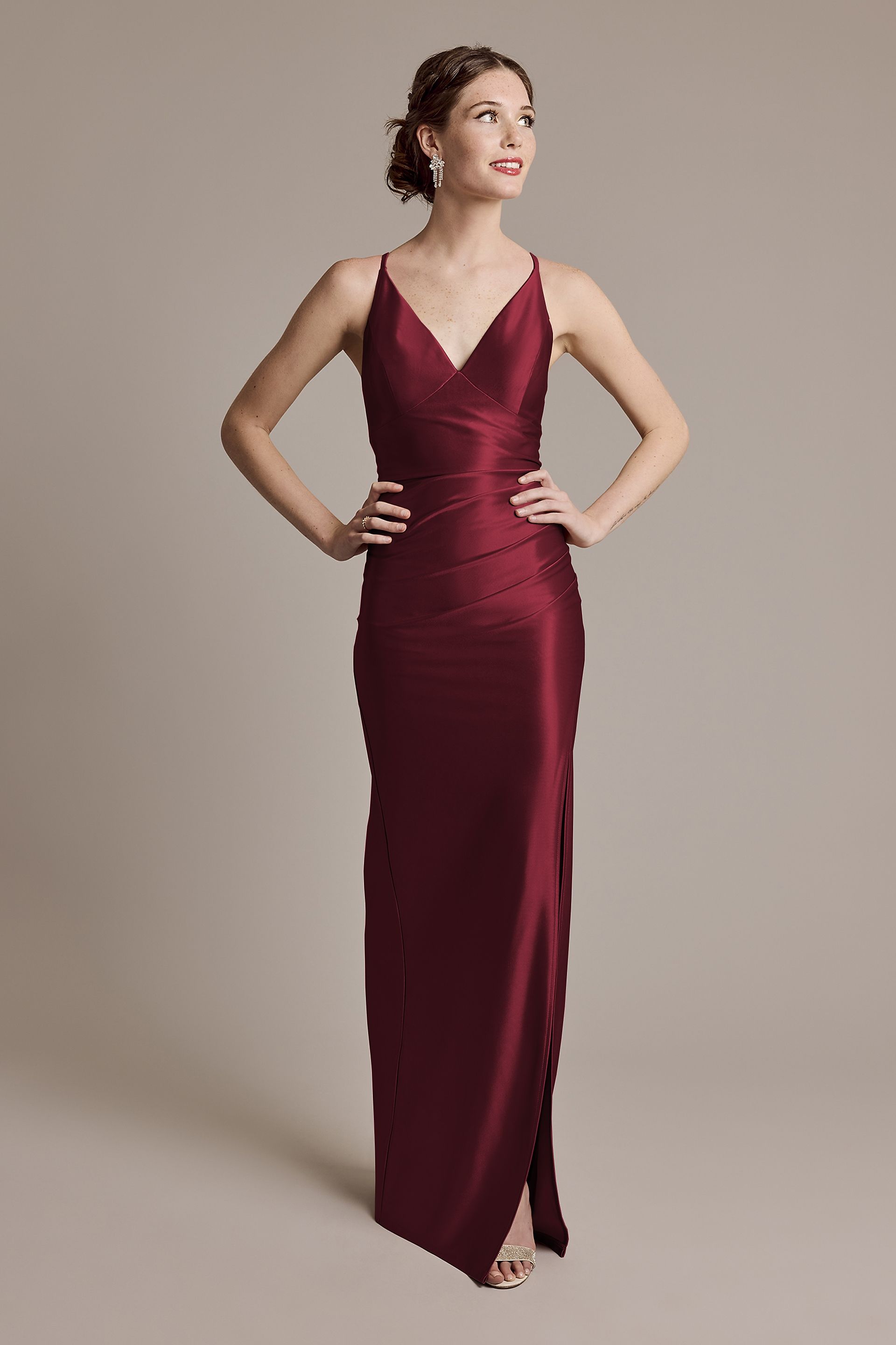 View Celebrate DB Studio Sculpting Satin V-Neck Cross-Back Dress in all available color and sizes Picture of Sculpting Satin V-Neck Cross-Back Dress