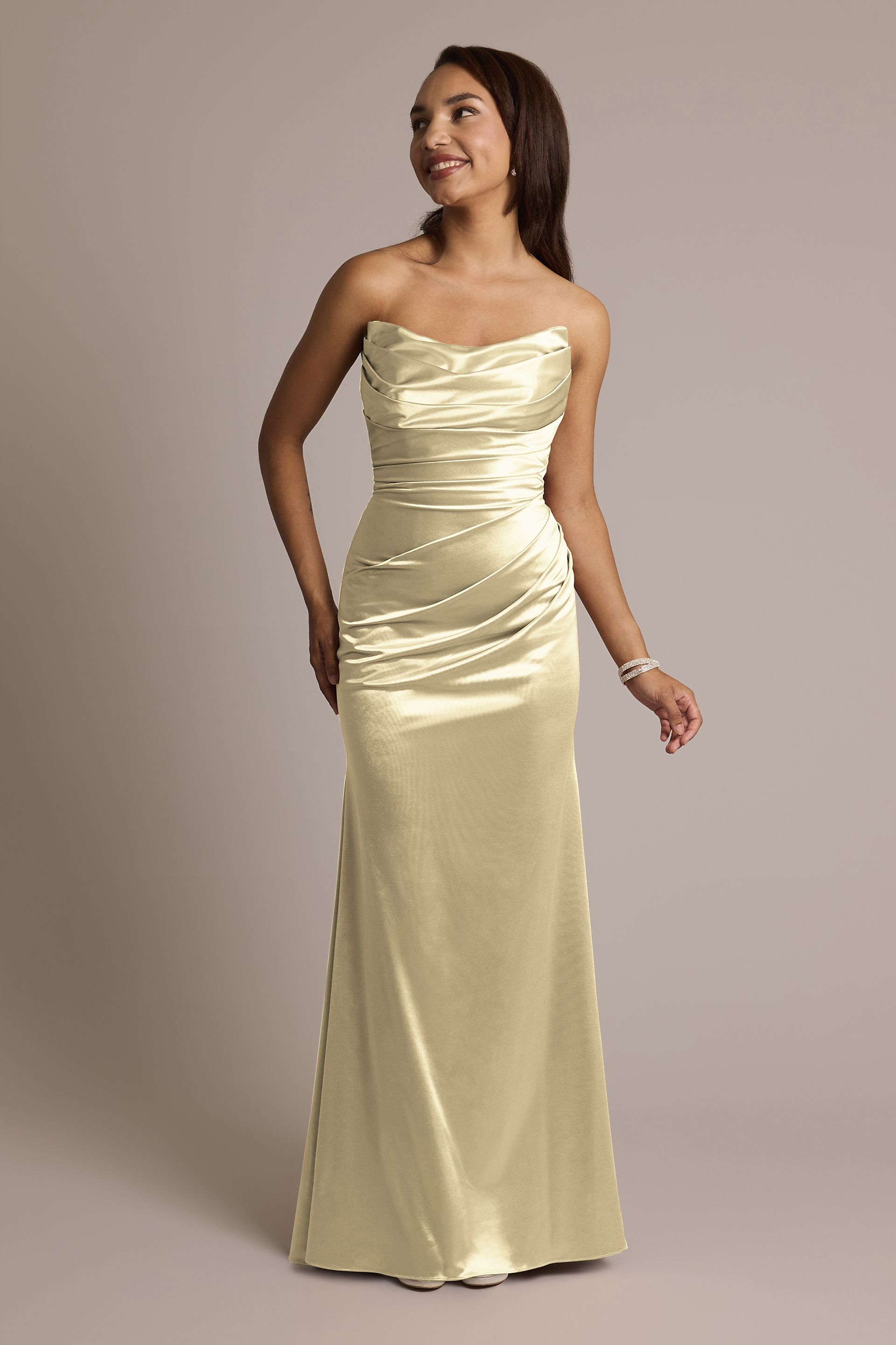 Galina Signature Sculpting Satin Strapless Mermaid Dress in Champagne Size: 24 David's Bridal