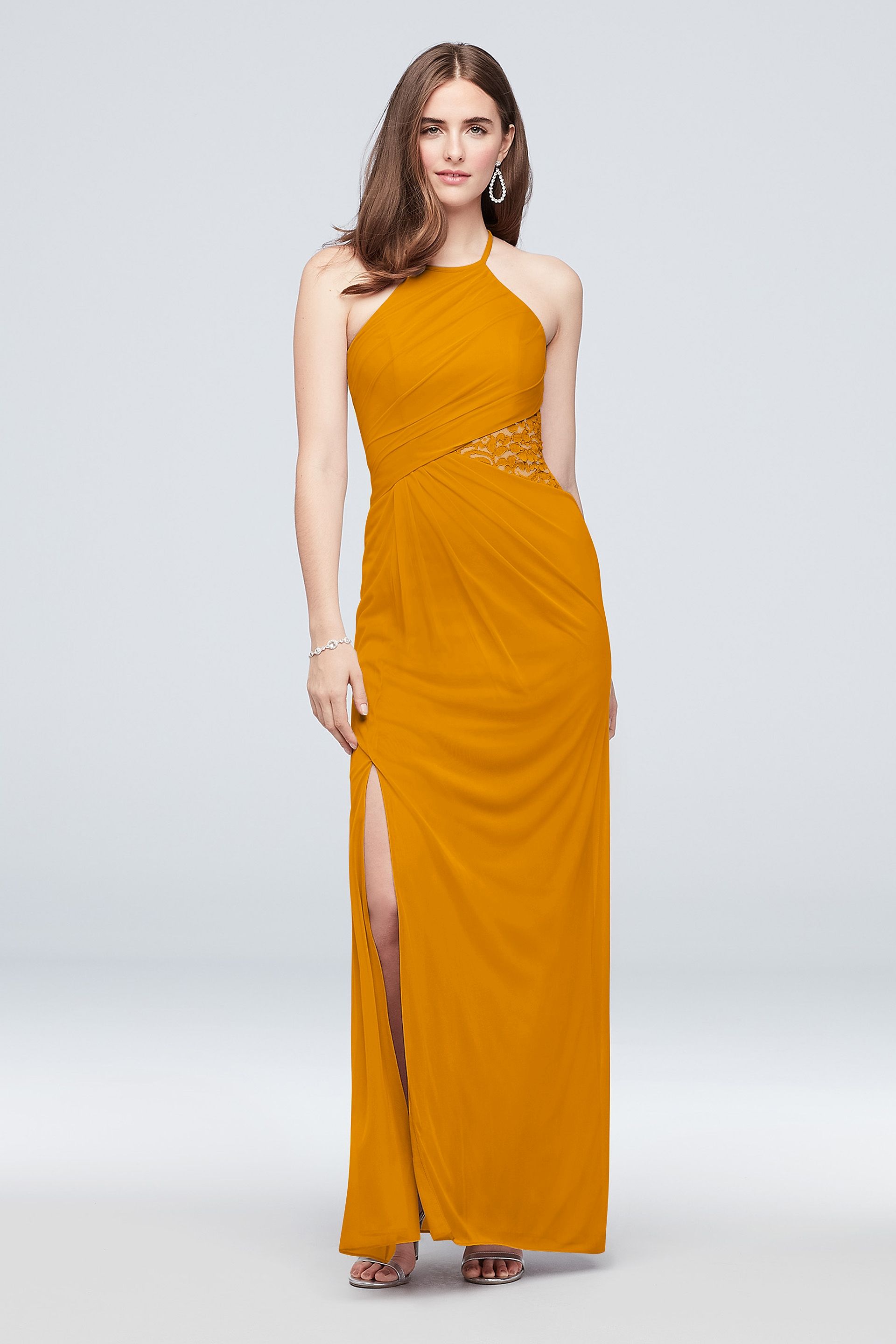 high neck ruched mesh bridesmaid dress high-neck ruched mesh bridesmaid dress High Neck Chiffon Sheath Ruched  Bridesmaid Dress in Bronzer