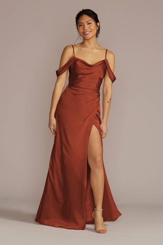 burnt orange bridesmaid dresses david's bridal Long Bridesmaid Dress with Ribbon Waist Style 4XLF19328, Sienna, 8