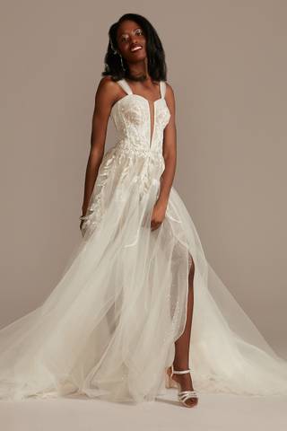 View Galina Signature Removable Straps Tulle Wedding Dress with Slits in all available color and sizes Picture of Removable Straps Tulle Wedding Dress with Slits