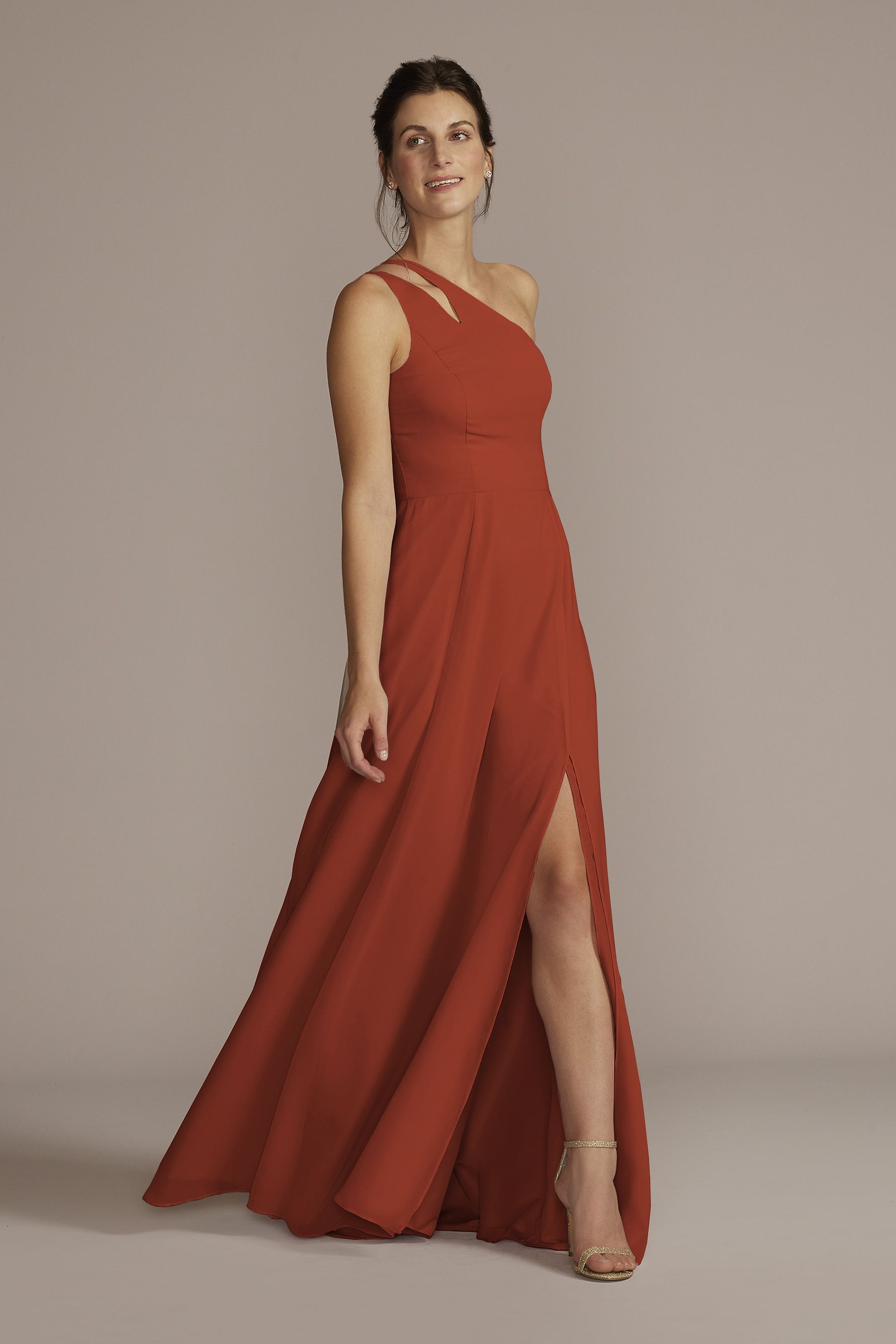 Celebrate DB Studio Tall Chiffon One-Shoulder Cutout Dress in Cinnamon Size: 2 David's Bridal