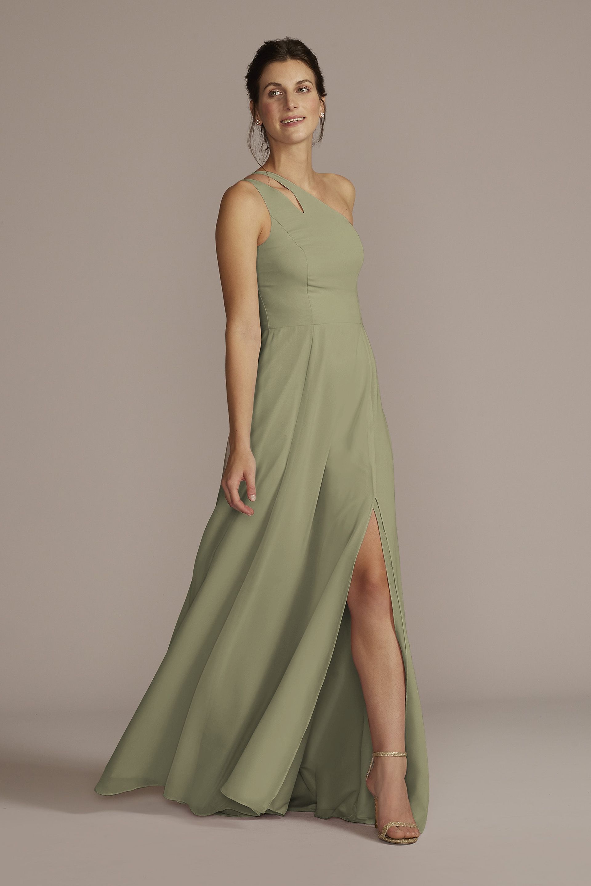 Celebrate DB Studio Tall Chiffon One-Shoulder Cutout Dress in Eucalyptus Size: 16 David's Bridal
