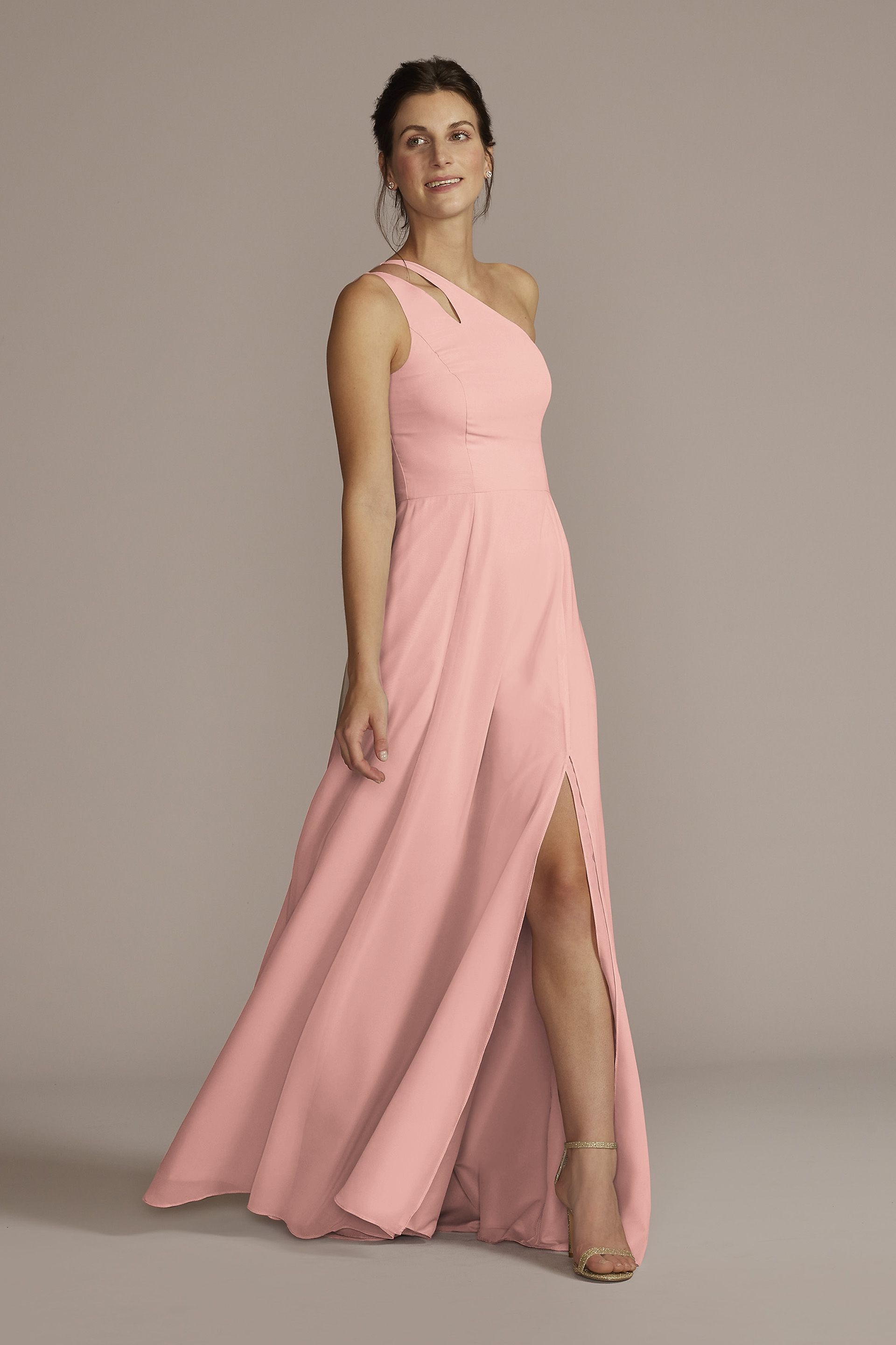 Celebrate DB Studio Tall Chiffon One-Shoulder Cutout Dress in Ballet Size: 6 David's Bridal