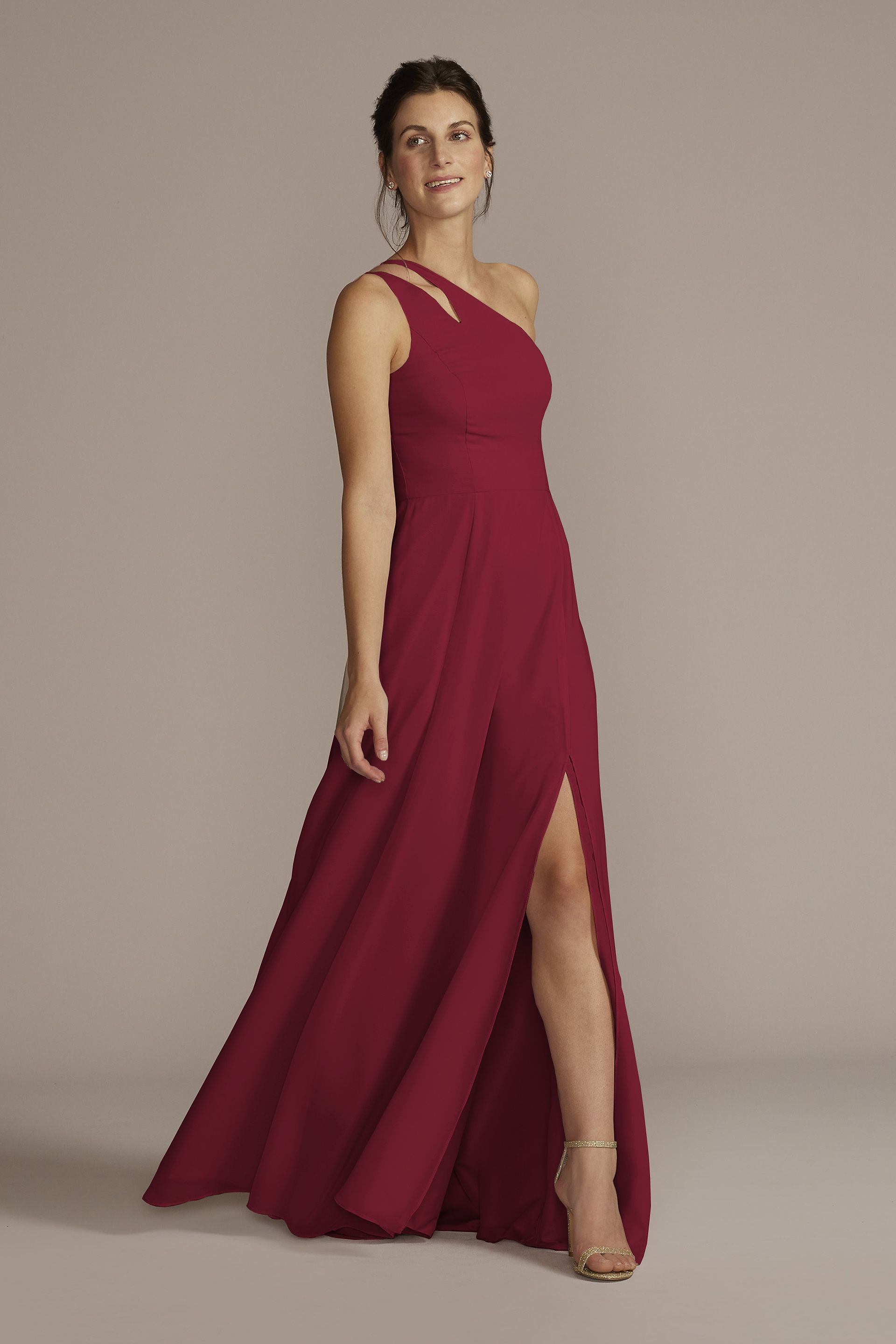 Celebrate DB Studio Tall Chiffon One-Shoulder Cutout Dress in Cranberry Size: 20 David's Bridal