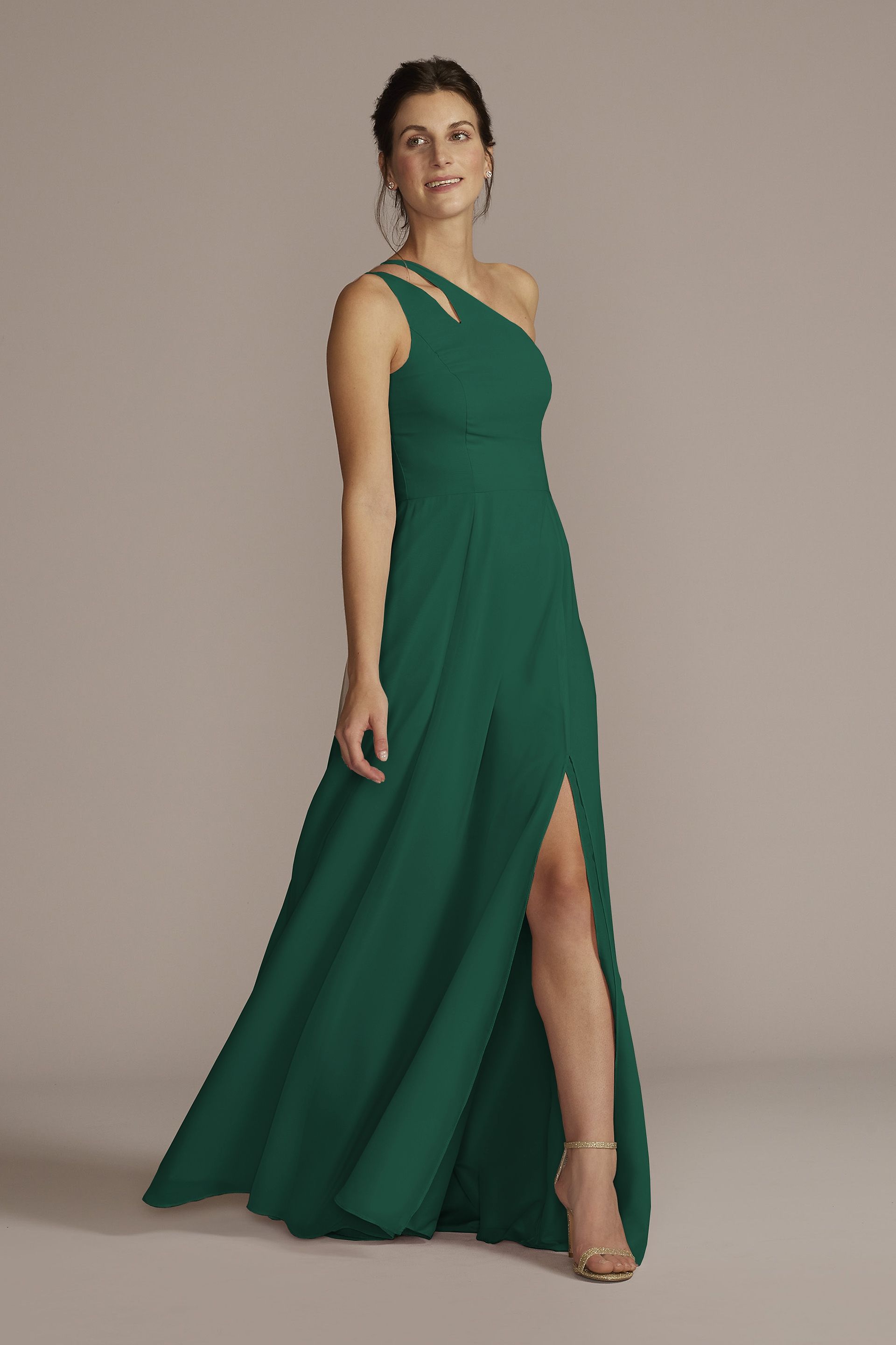 Celebrate DB Studio Tall Chiffon One-Shoulder Cutout Dress in Juniper Size: 24 David's Bridal