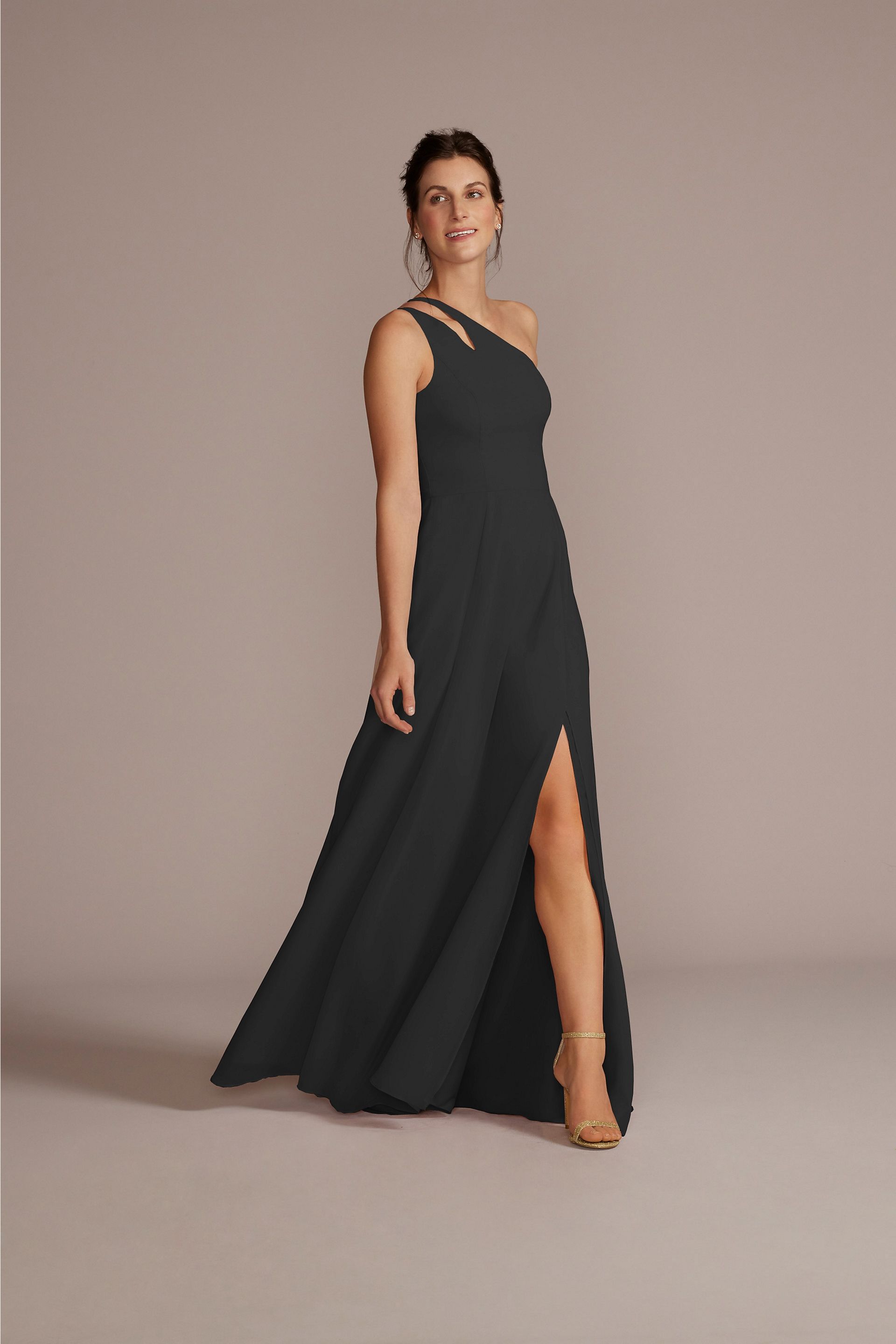 Celebrate DB Studio Tall Chiffon One-Shoulder Cutout Dress in Black Size: 28 David's Bridal