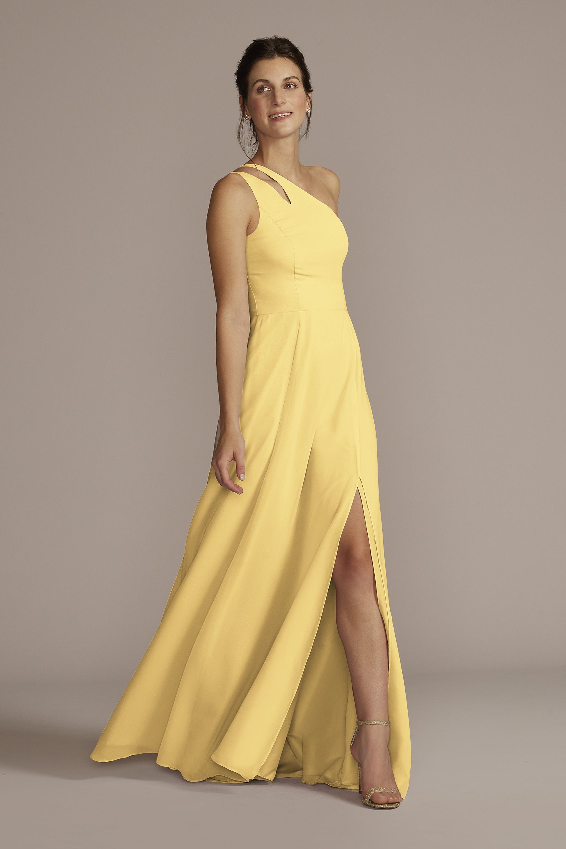 Celebrate DB Studio Tall Chiffon One-Shoulder Cutout Dress in Pale Yellow Size: 10 David's Bridal