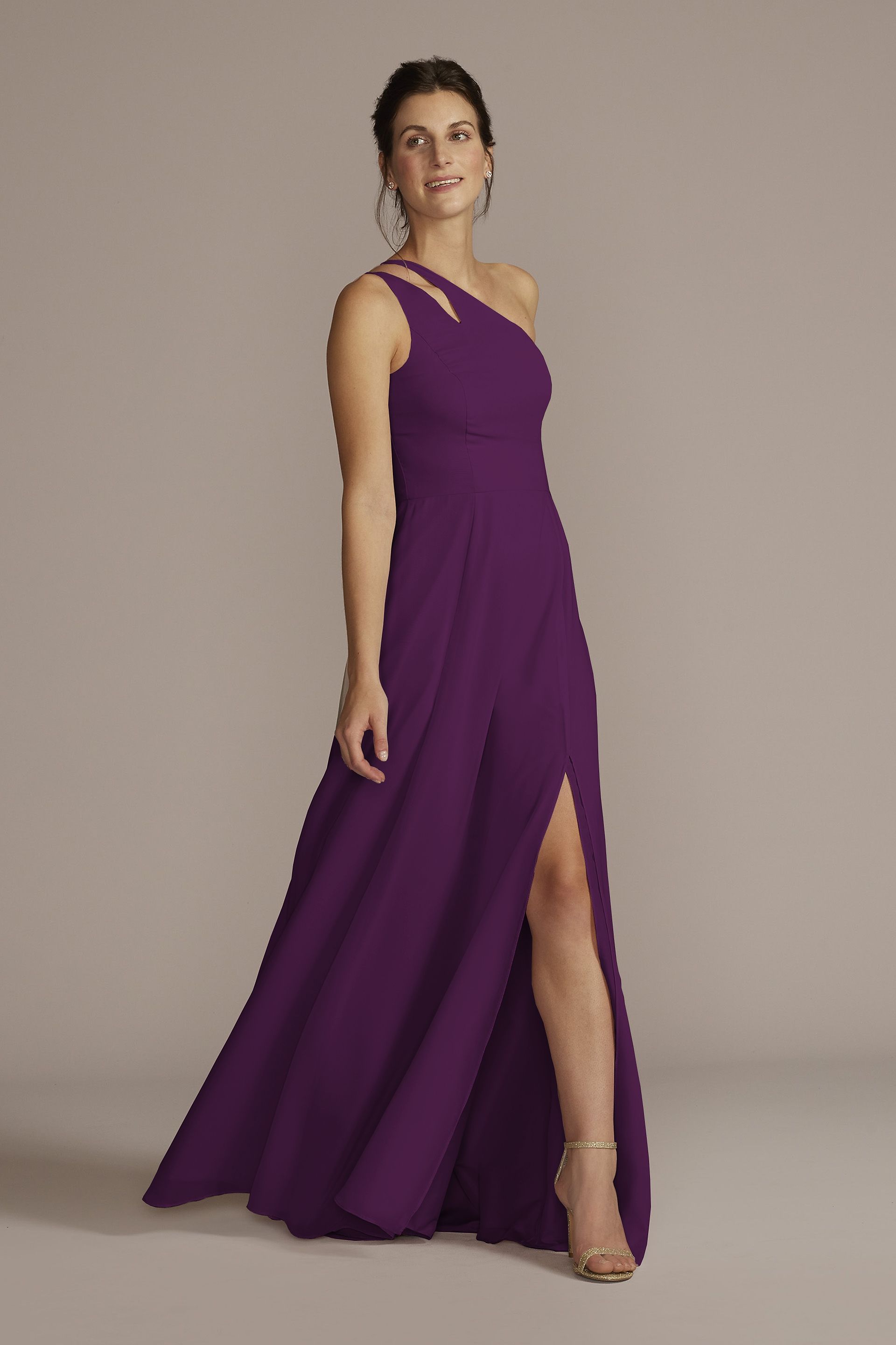 Celebrate DB Studio Tall Chiffon One-Shoulder Cutout Dress in Plum Size: 22 David's Bridal