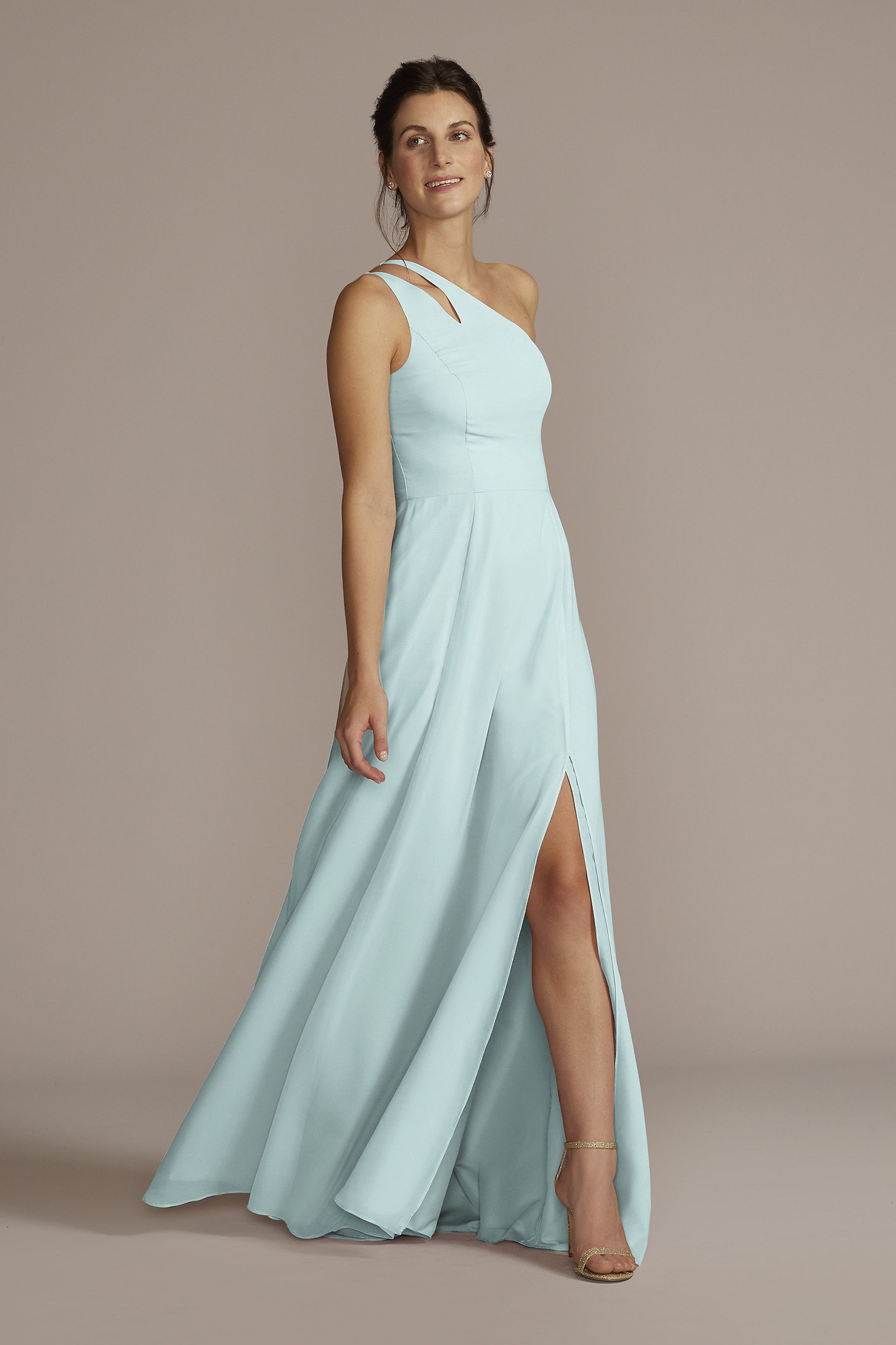 Celebrate DB Studio Tall Chiffon One-Shoulder Cutout Dress in Sky Blue Size: 6 David's Bridal
