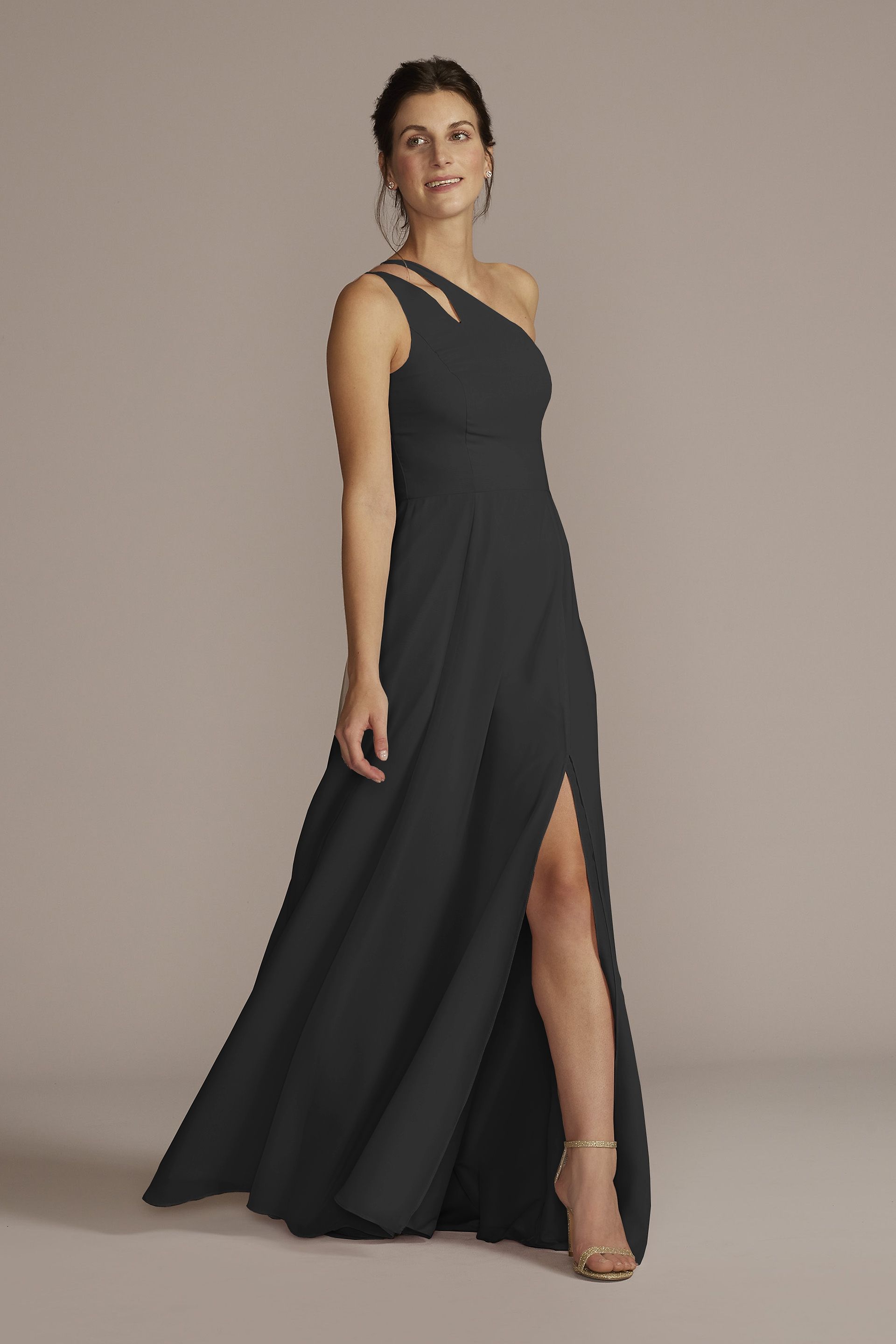 Celebrate DB Studio Chiffon One-Shoulder Cutout Dress in Black Size: 4 David's Bridal