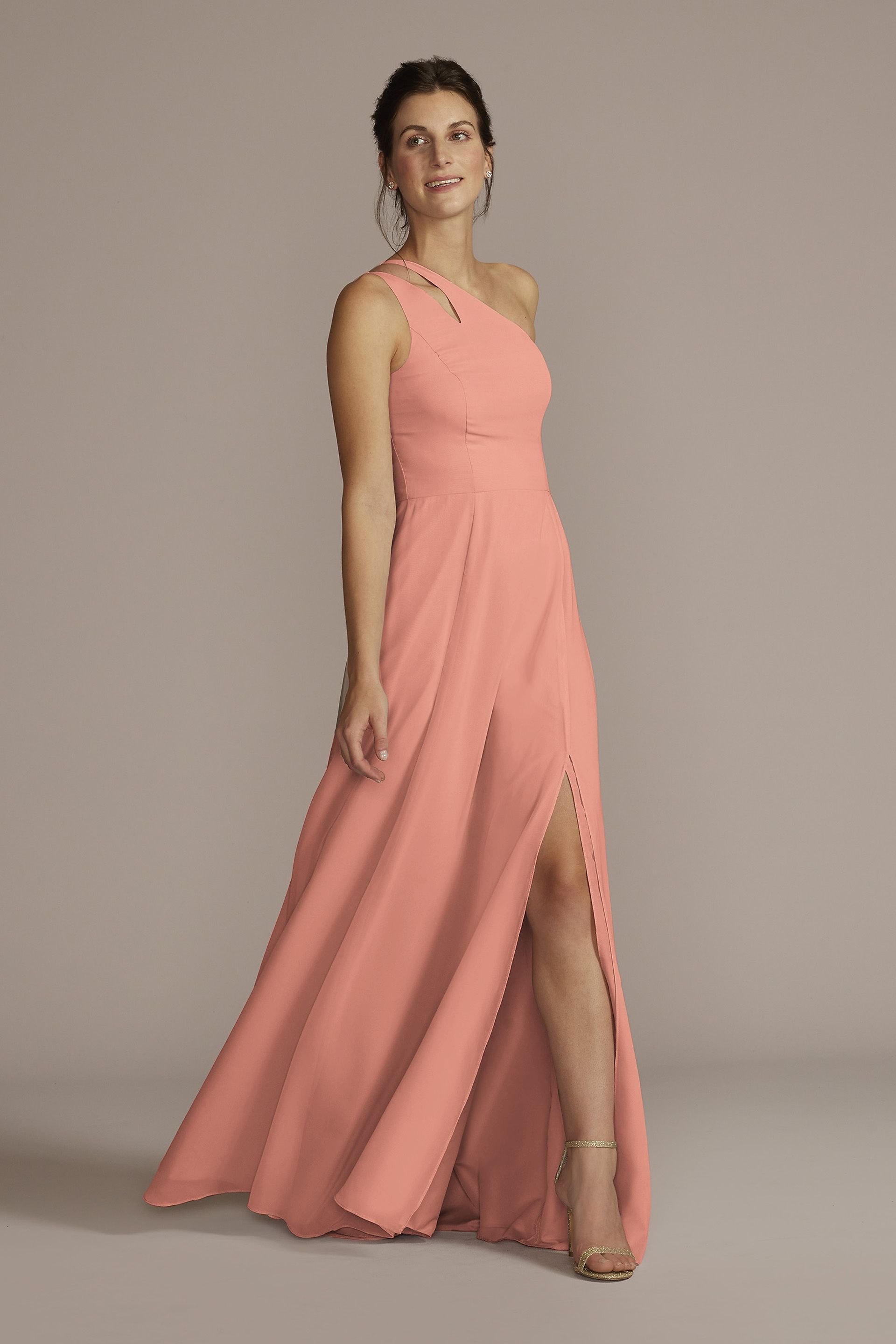 Celebrate DB Studio Chiffon One-Shoulder Cutout Dress in Desert Coral Size: 12 David's Bridal