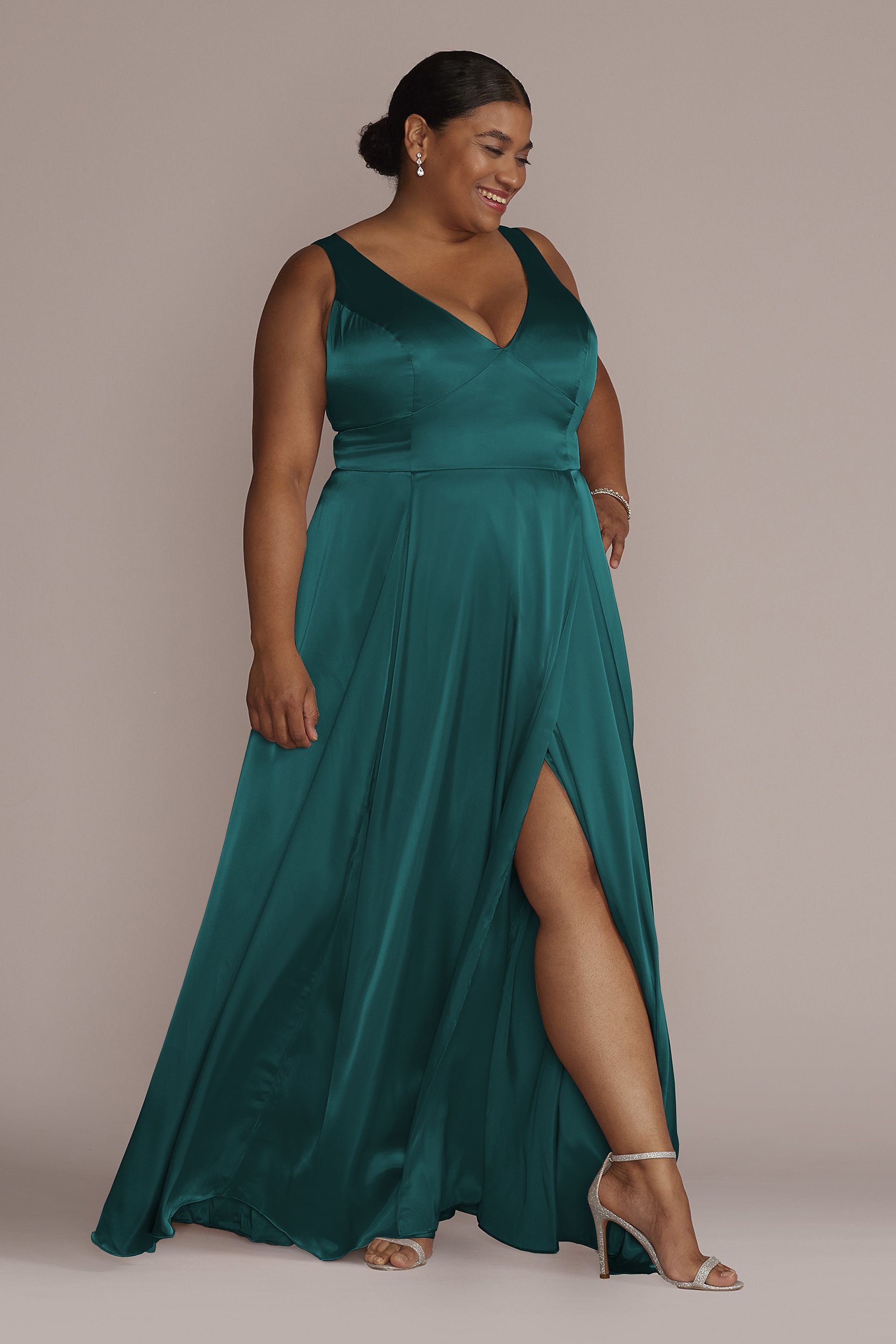 Galina Signature Charmeuse Tank V-Neck Dress With Slit in Gem Size: 26 David's Bridal