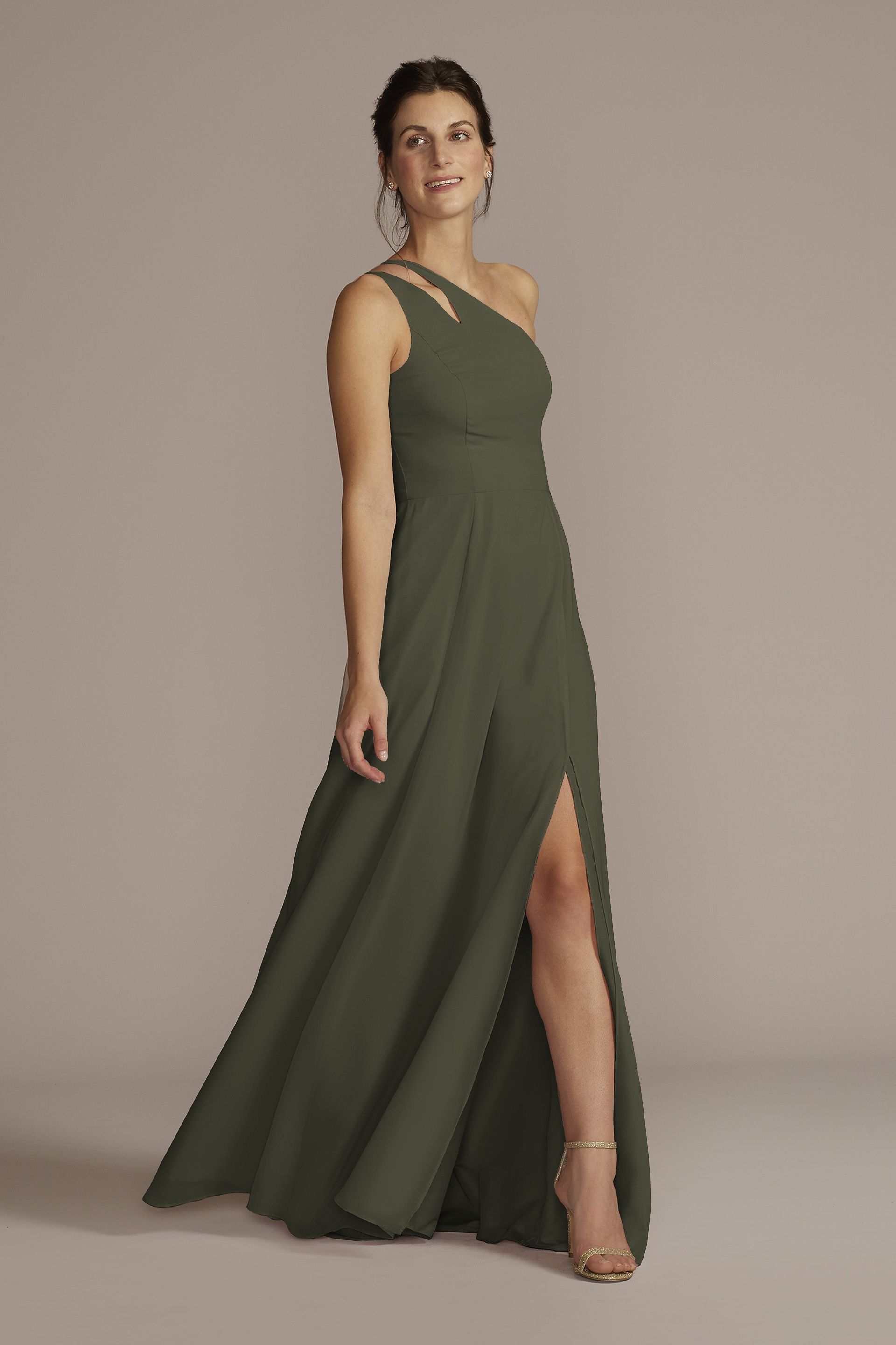 Celebrate DB Studio Chiffon One-Shoulder Cutout Dress in Evergreen Size: 12 David's Bridal