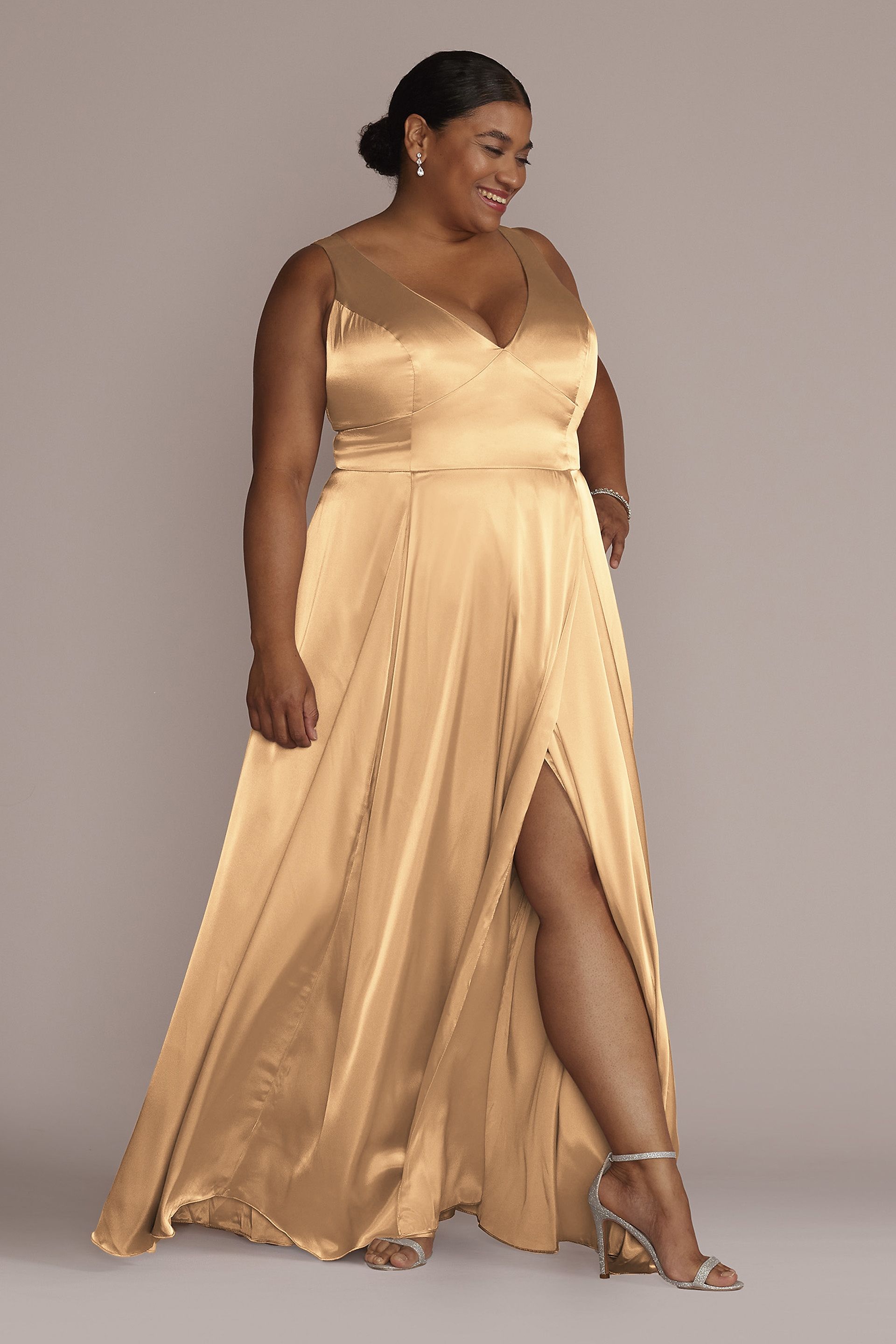 Galina Signature Charmeuse Tank V-Neck Dress With Slit in Golden Size: 0 David's Bridal