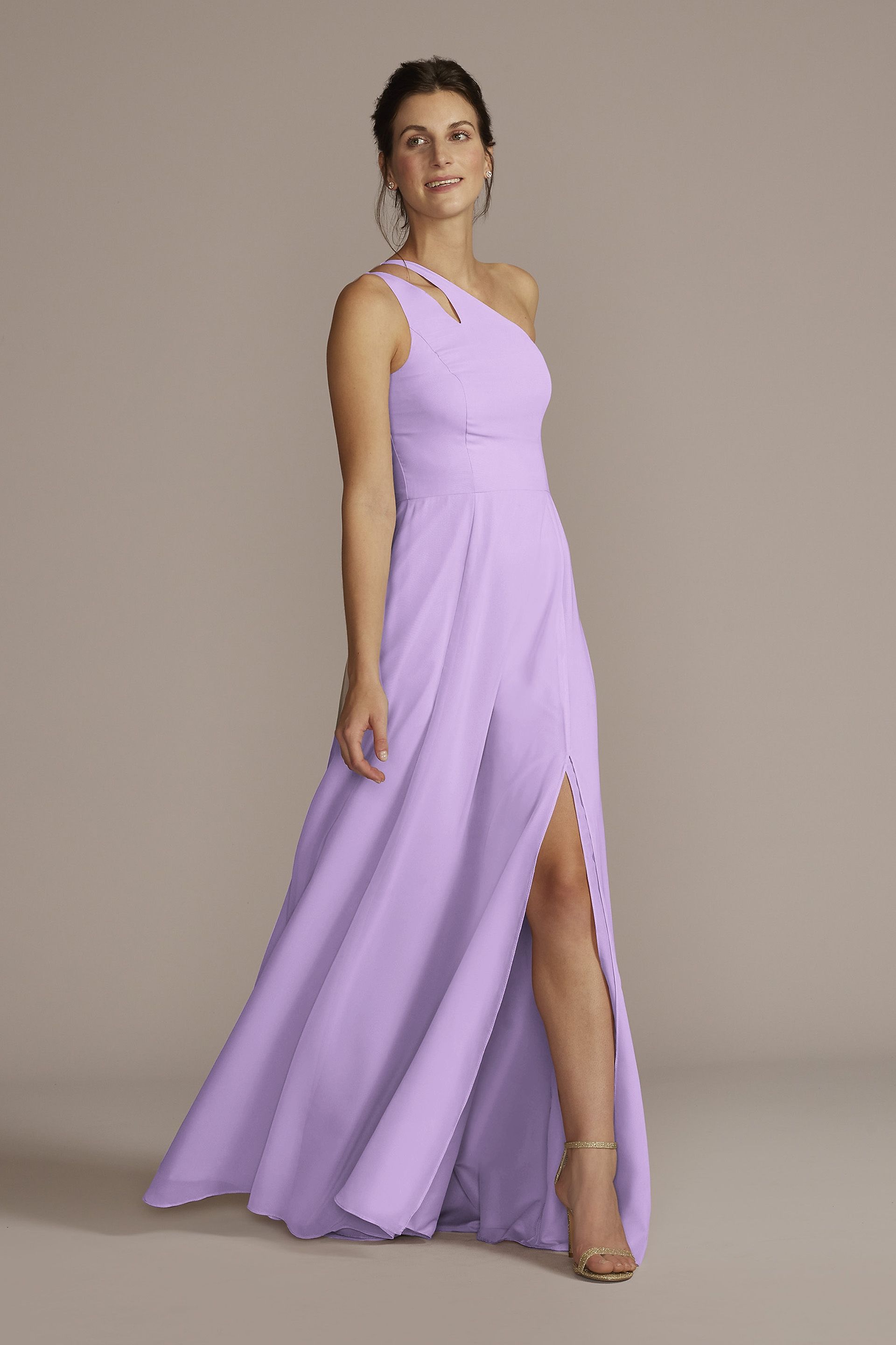 Celebrate DB Studio Chiffon One-Shoulder Cutout Dress in Lavender Size: 28 David's Bridal
