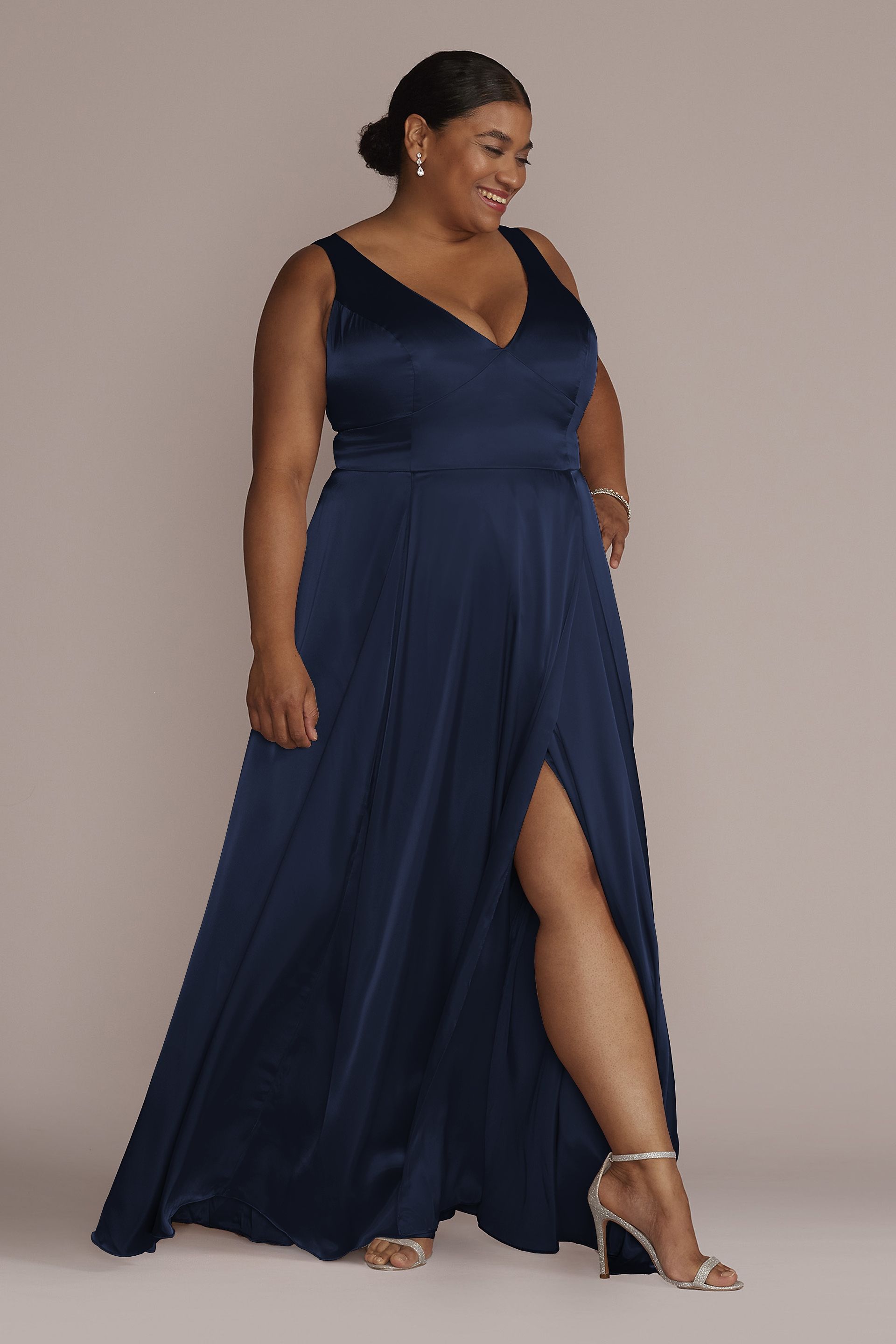 Galina Signature Charmeuse Tank V-Neck Dress With Slit in Marine Size: 6 David's Bridal
