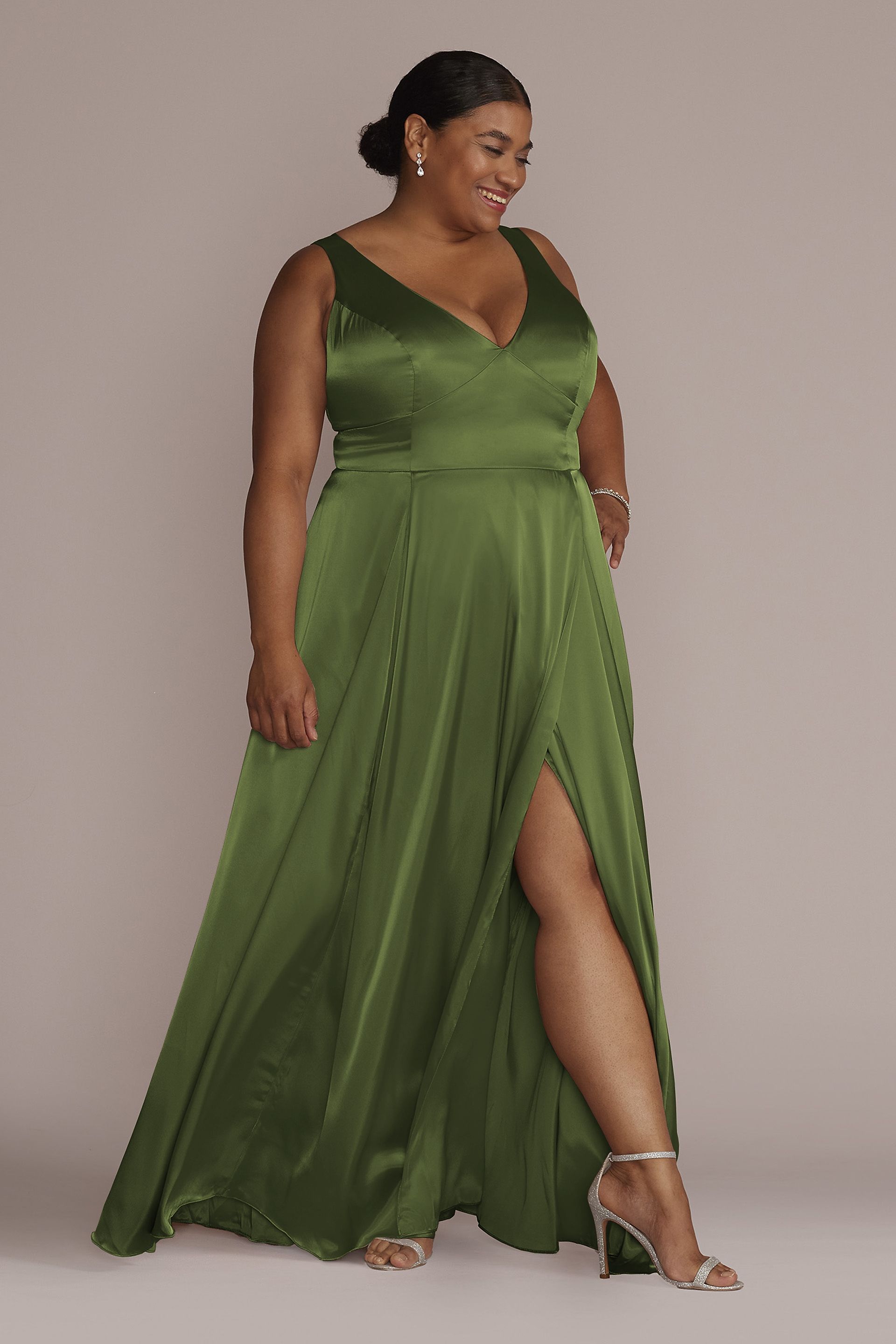 Galina Signature Charmeuse Tank V-Neck Dress With Slit in Martini Olive Size: 22 David's Bridal