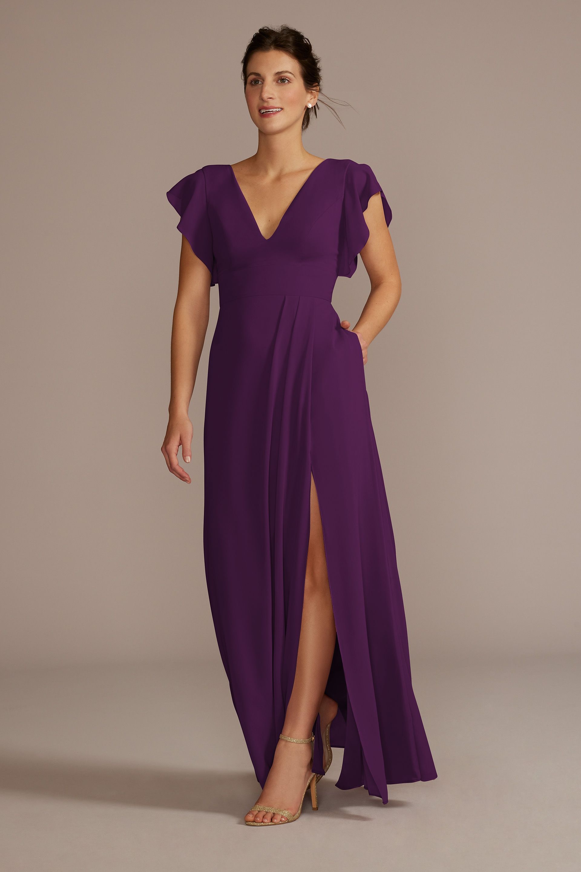 bhldn asha flutter sleeve v neck chiffon maxi dress V-neck Sleeves A-Line Jumpsuit With Skirt DUNTERY The flowing flutter sleeves add a romantic and airy touch Flutter Sleeve Chiffon V-Neck Bridesmaid