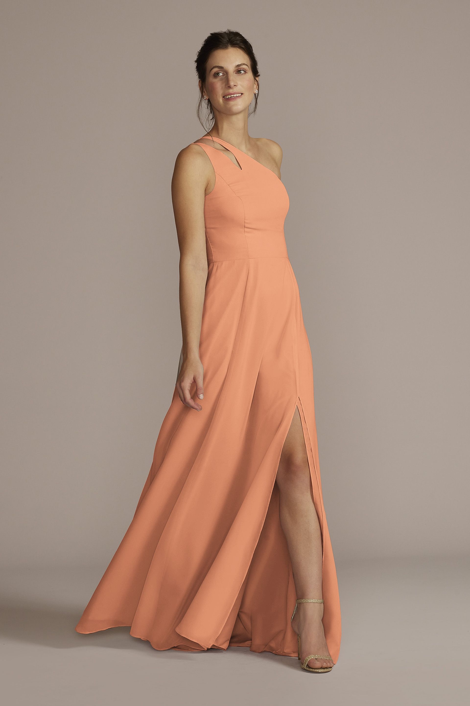 Celebrate DB Studio Chiffon One-Shoulder Cutout Dress in Terracotta Size: 30 David's Bridal