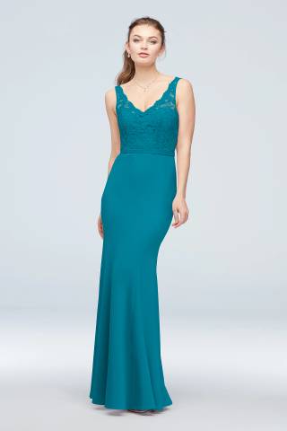 View David's Bridal Lace and Stretch Crepe V-Neck Bridesmaid Dress in all available color and sizes Picture of Lace and Stretch Crepe V-Neck Bridesmaid Dress