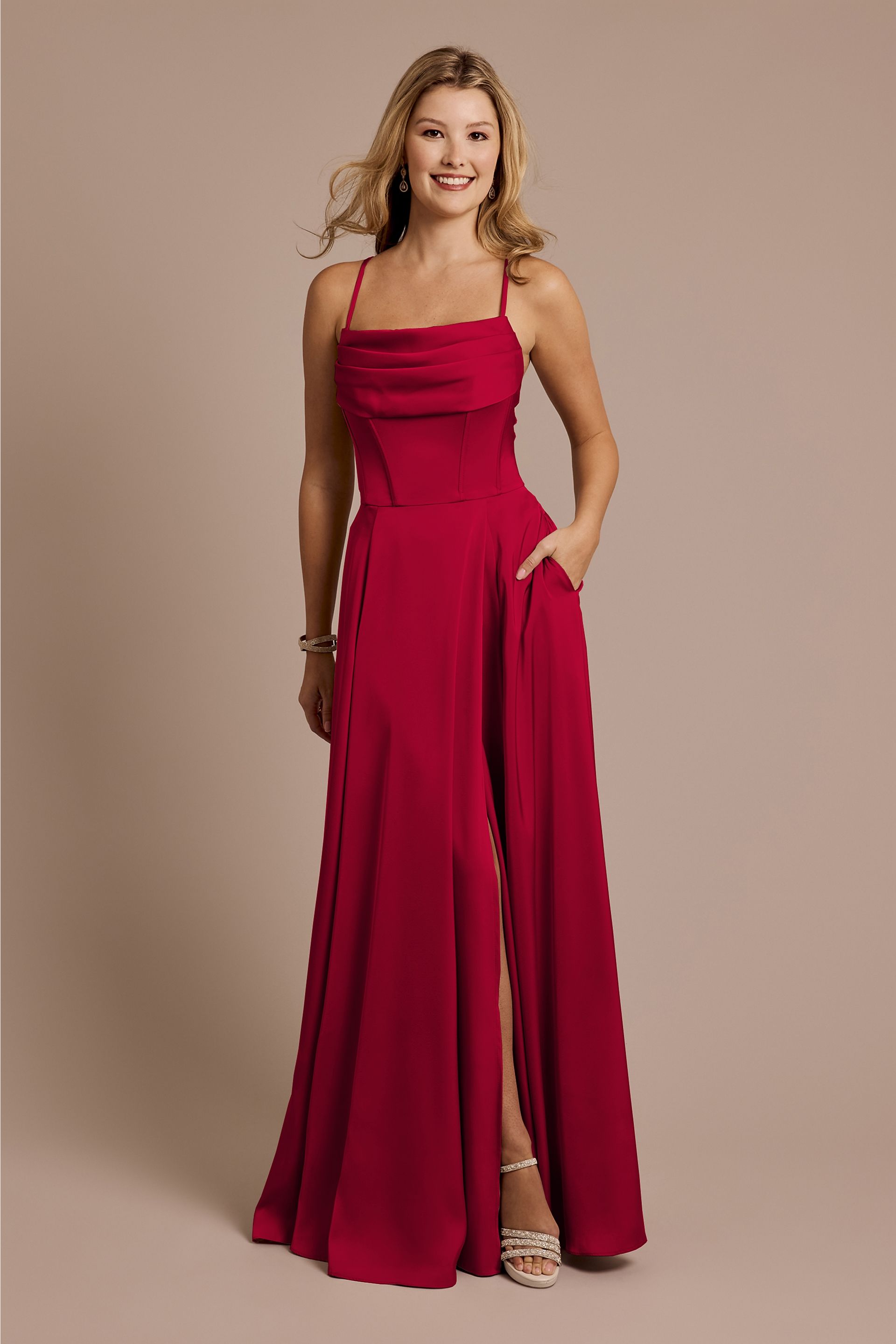 Picture of Matte Satin Cowl Neck Spaghetti Strap A-Line Dress