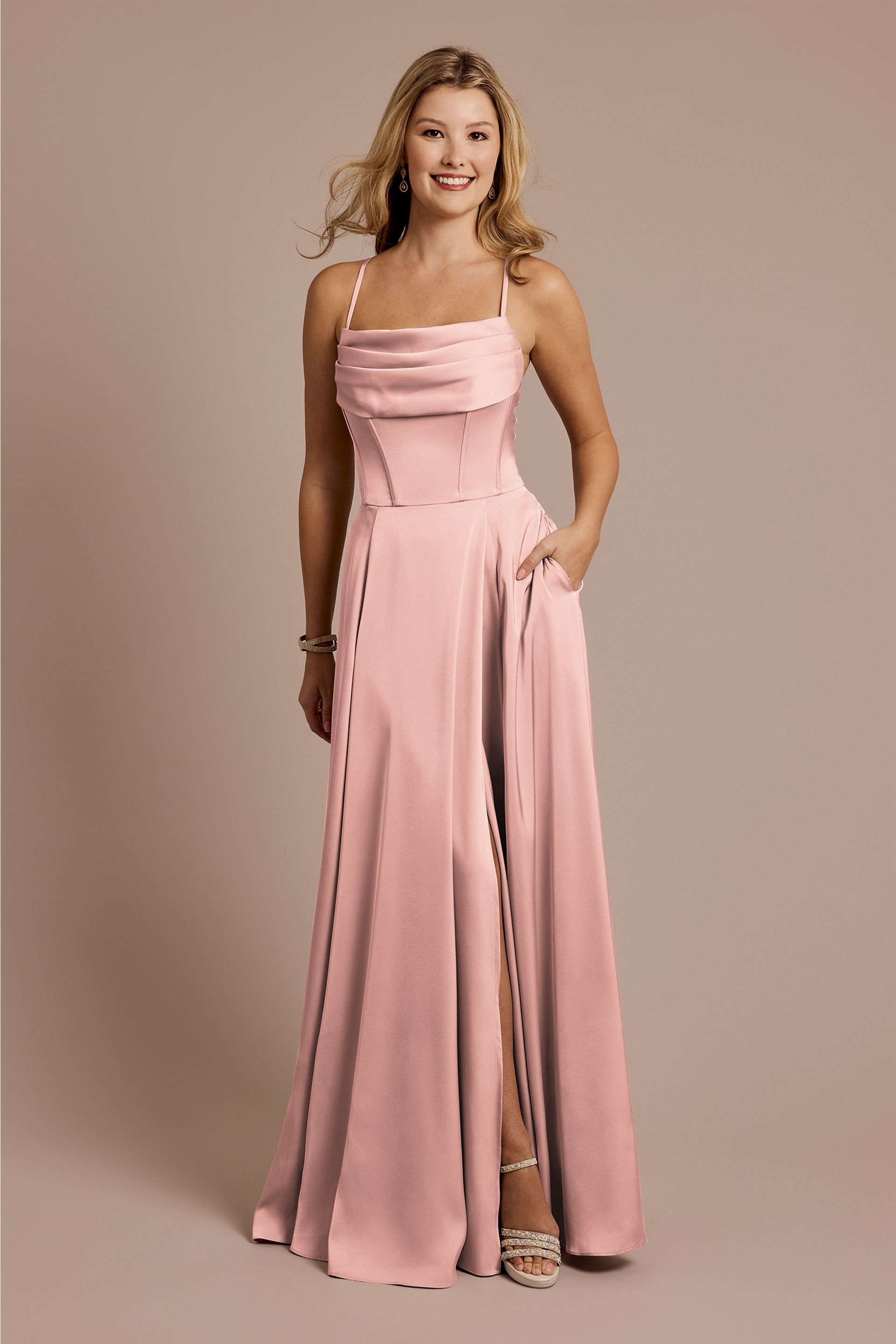 light pink satin bridesmaid dresses Straps Sweep Train Ruched Stretch Dress US16 / As Picture The mermaid Pink Bridesmaid Dresses - Rose