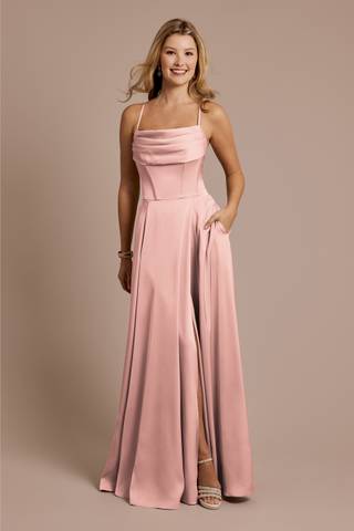 Picture of Matte Satin Cowl Neck Spaghetti Strap A-Line Dress