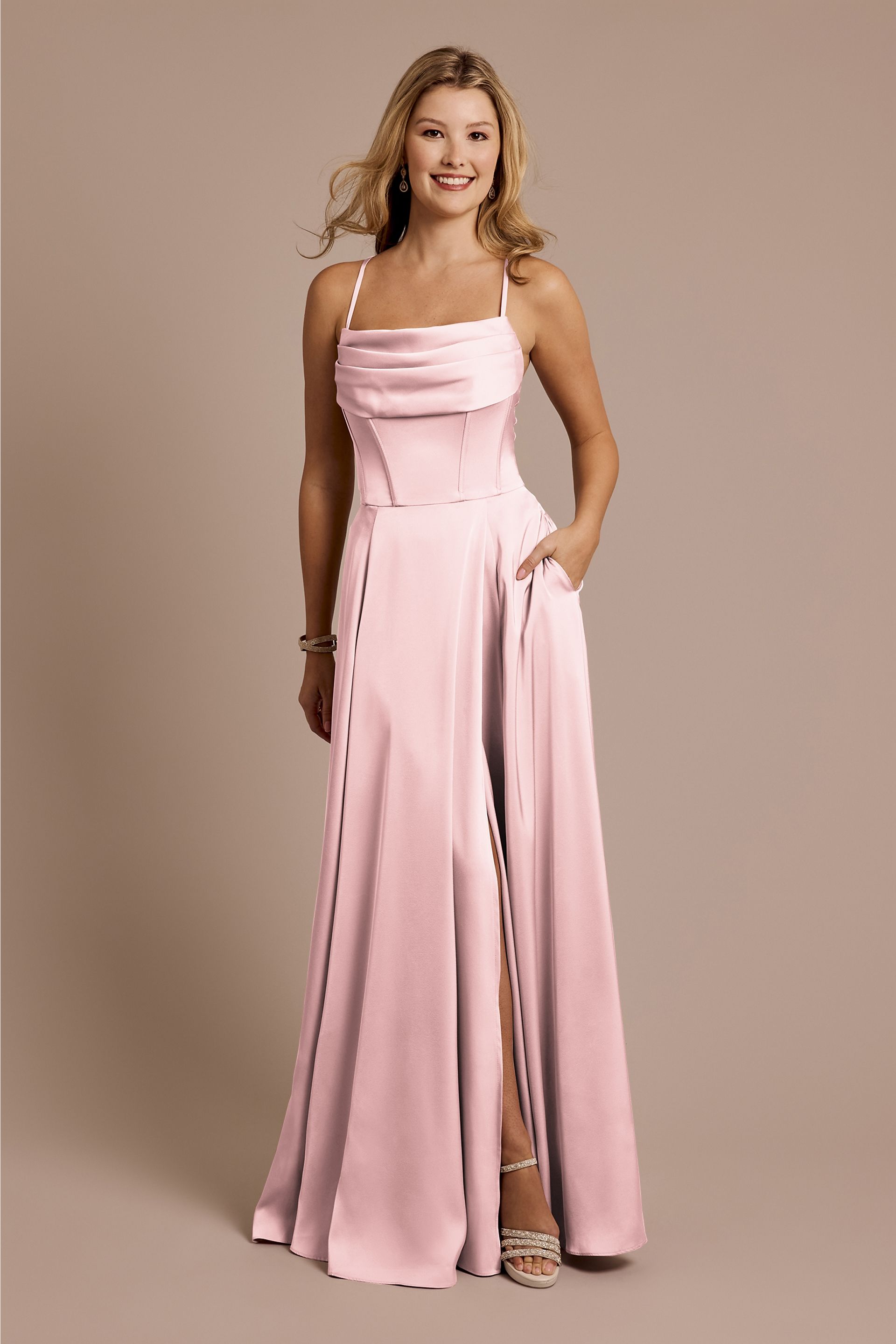 Galina Signature Matte Satin Cowl Neck Spaghetti Strap A-Line Dress in Pastel Pink Size: 8 David's Bridal