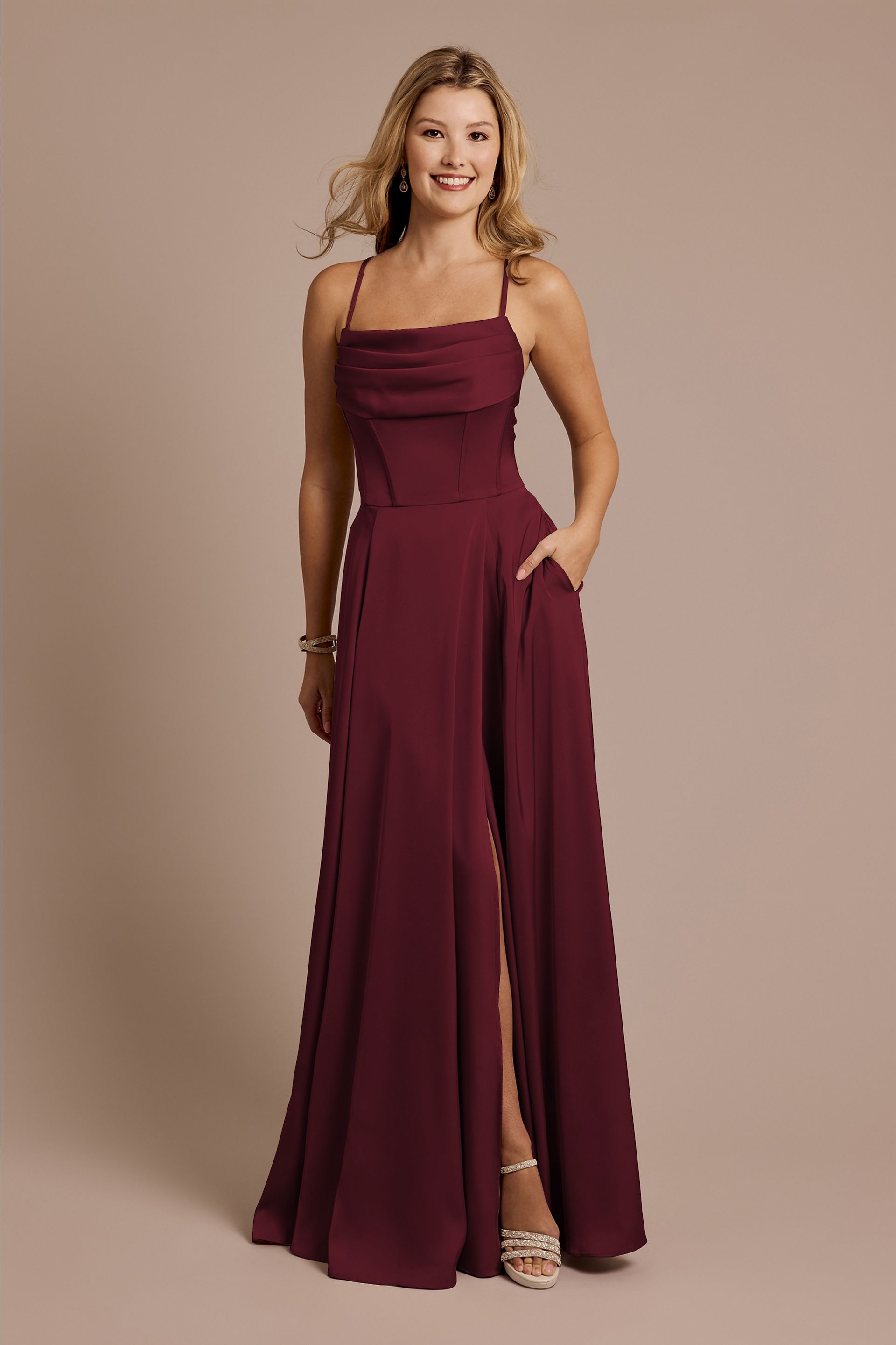 Galina Signature Matte Satin Cowl Neck Spaghetti Strap A-Line Dress in Wine Size: 0 David's Bridal