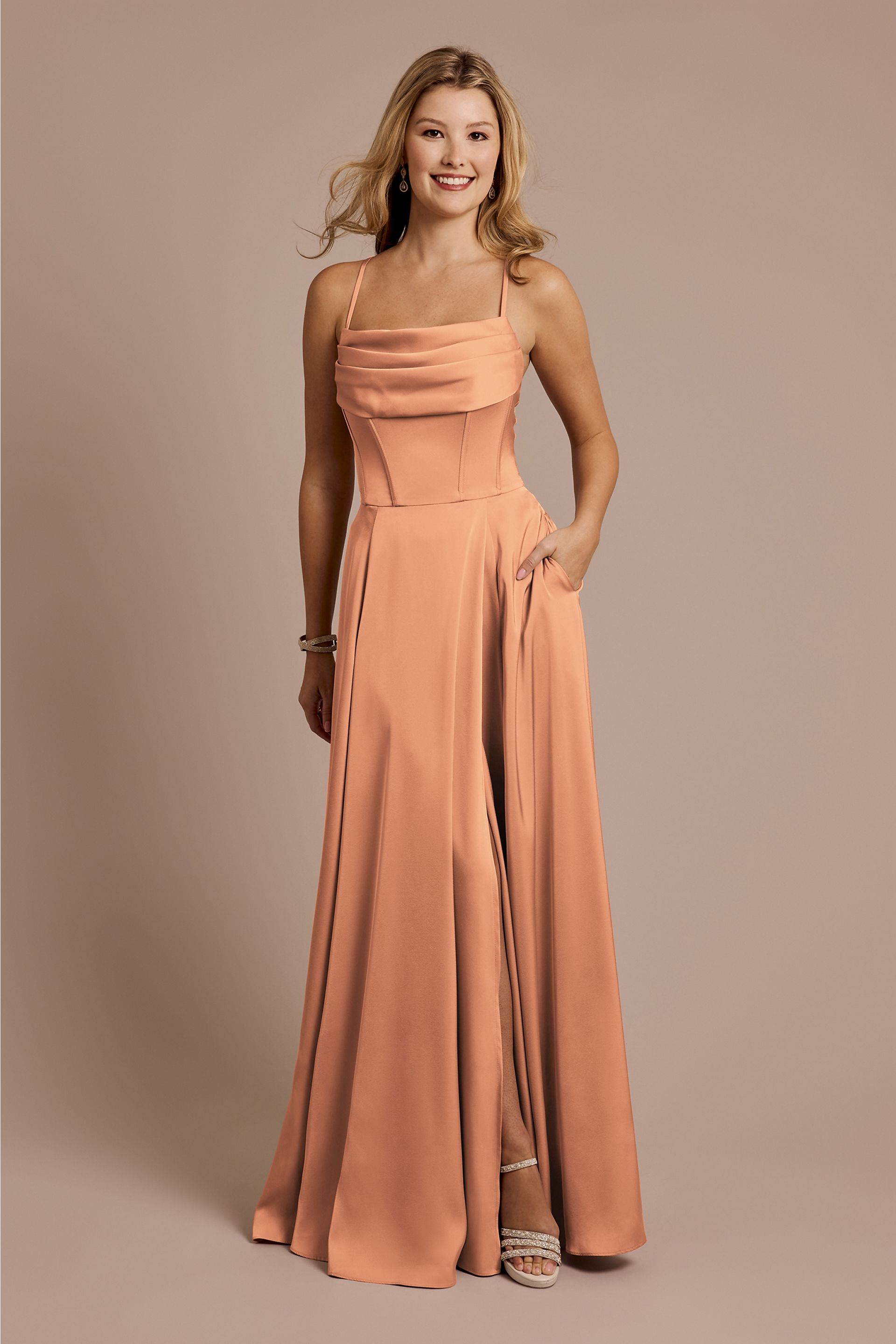 champagne colored bridesmaid dresses KissProm Sheath Satin Long Mismatch Dress, Champagne / 2 / C The sheath silhouette offers a sleek Azazie Bondi