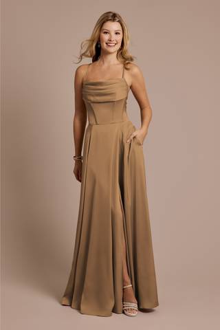 Picture of Matte Satin Cowl Neck Spaghetti Strap A-Line Dress