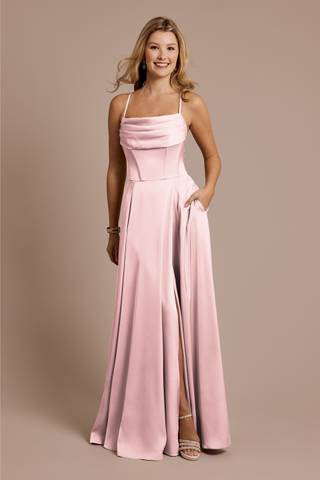 Picture of Matte Satin Cowl Neck Spaghetti Strap A-Line Dress