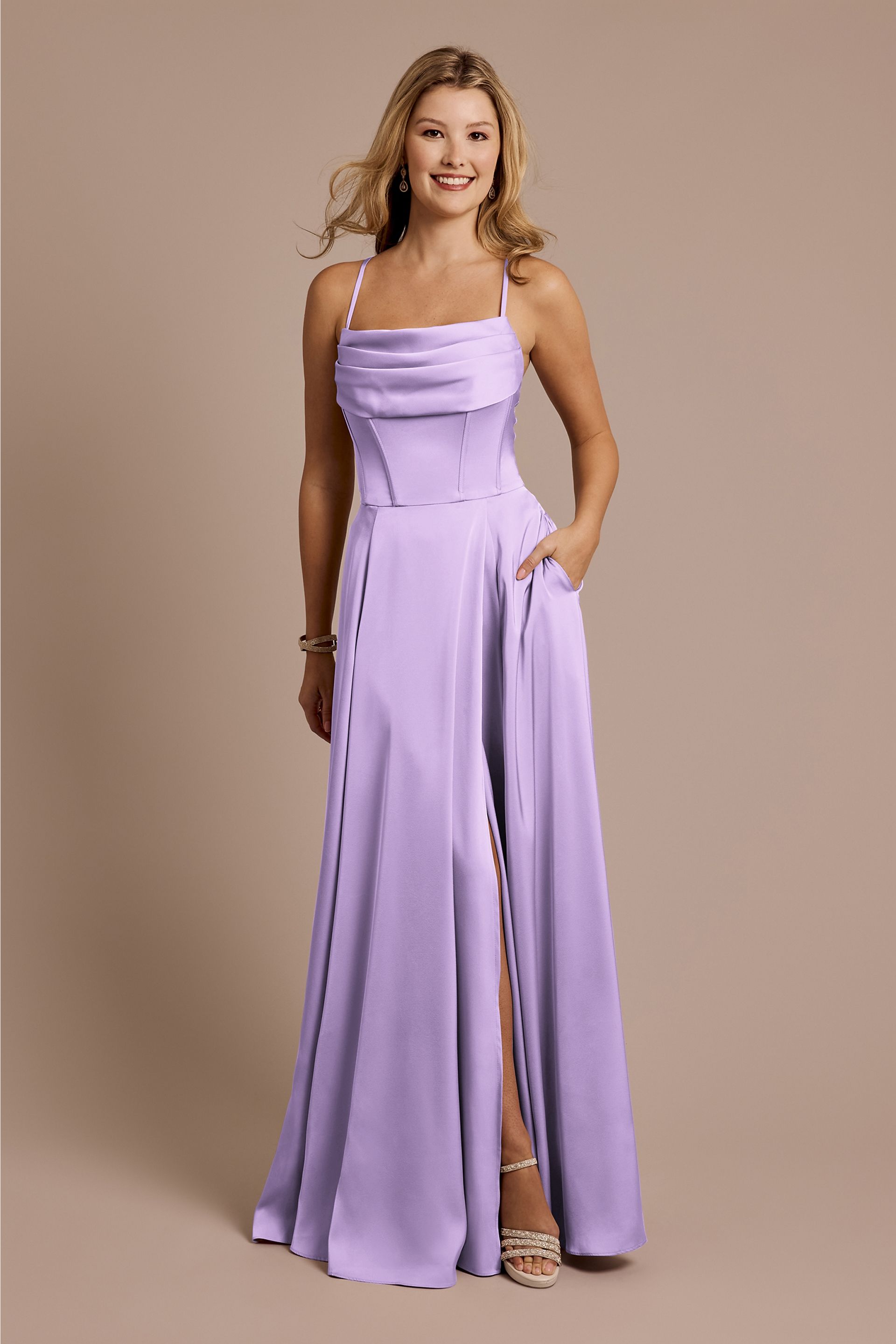 Galina Signature Matte Satin Cowl Neck Spaghetti Strap A-Line Dress in Lavender Size: 0 David's Bridal