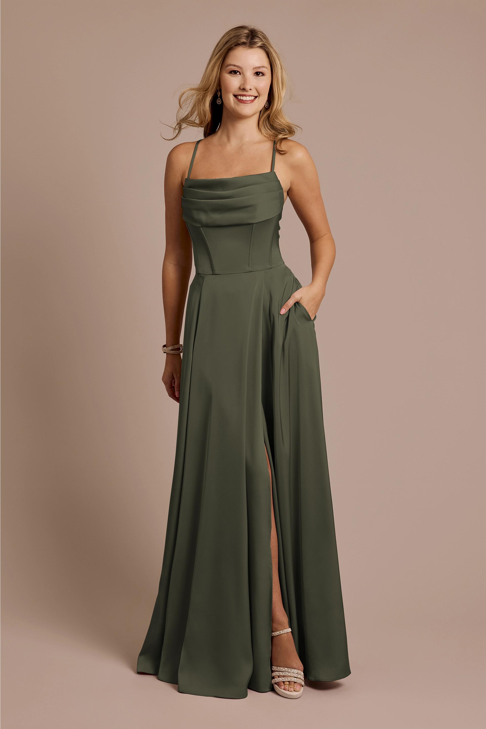 Galina Signature Matte Satin Cowl Neck Spaghetti Strap A-Line Dress in Evergreen Size: 2 David's Bridal