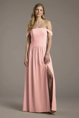 View Celebrate DB Studio Chiffon Curved Drop Waist Off-the-Shoulder Dress in all available color and sizes Picture of Chiffon Curved Drop Waist Off-the-Shoulder Dress